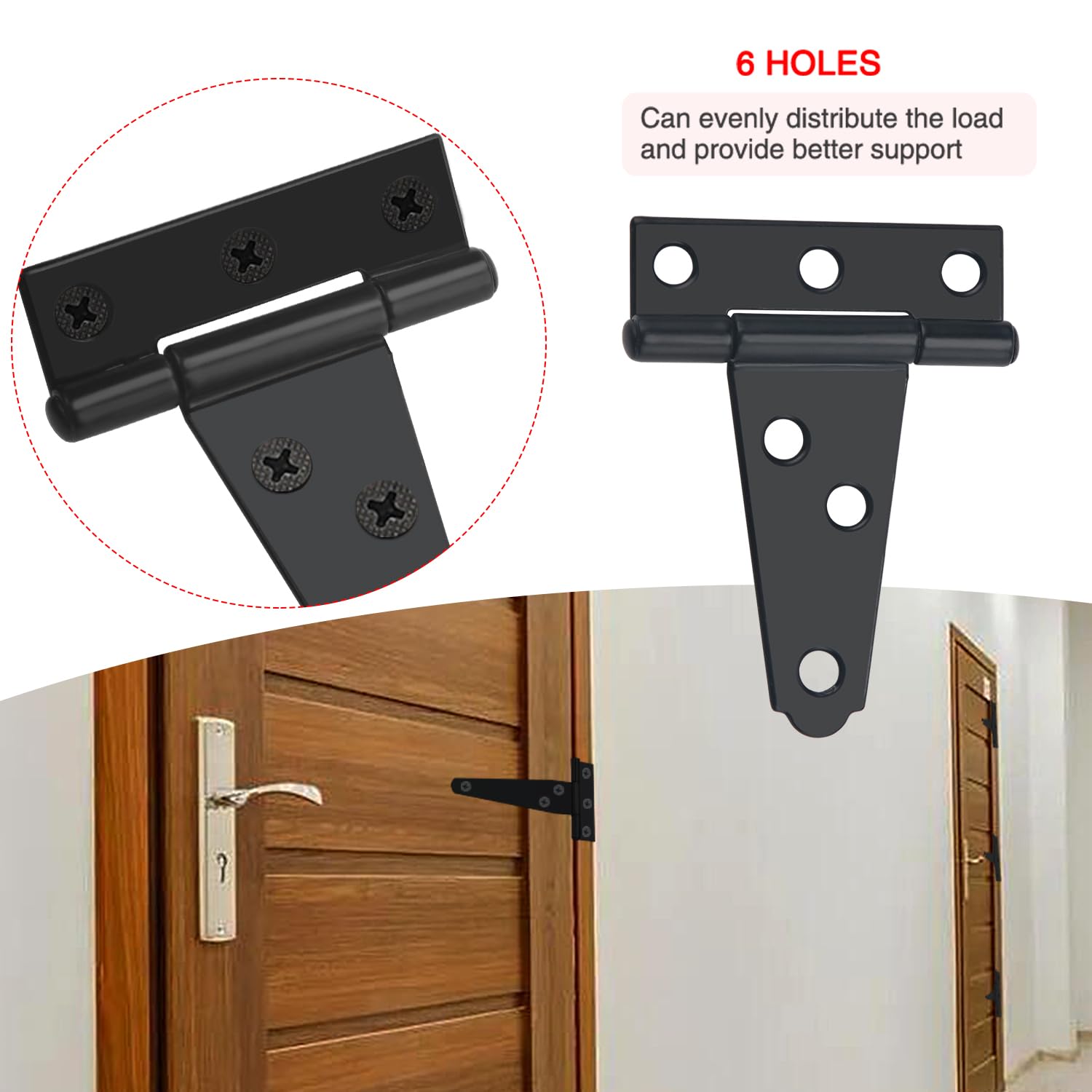 YIXISI 4 PCS 2 inch T-Strap Hinges, Heavy Duty Strap Tee Hinge, Metal Gate Strap Hinge with 24 PCS Screws, for Gates Shed Doors Windows Fence Garden Storage Rooms, Black - Image 4