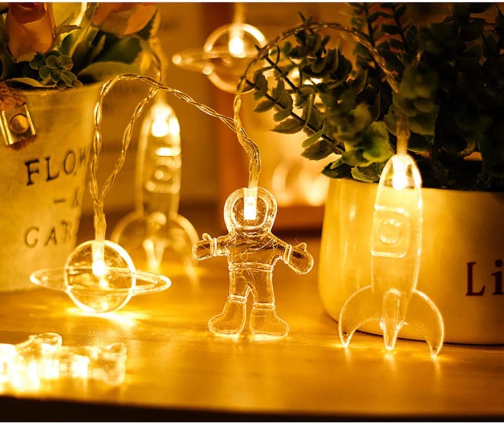 Kreative Lichterkette mit Astronauten-Raumschiff und Rakete | Batteriebetriebene Dekolampe for Kinderzimmer | for Feiertage(Warm White,9.8FT(20LED))