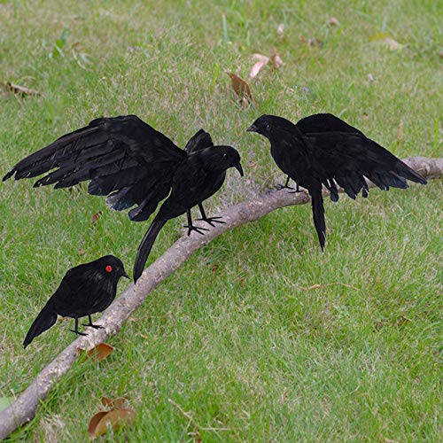 CHICHIC Realistic Crow, 3 Pack Large Halloween Black Feathered Crow Decoys Ravens Outdoor Halloween Decorations Props DÃ©cor, Standing Flying Birds for Tree Haunted House Graveyard Tombstone Display