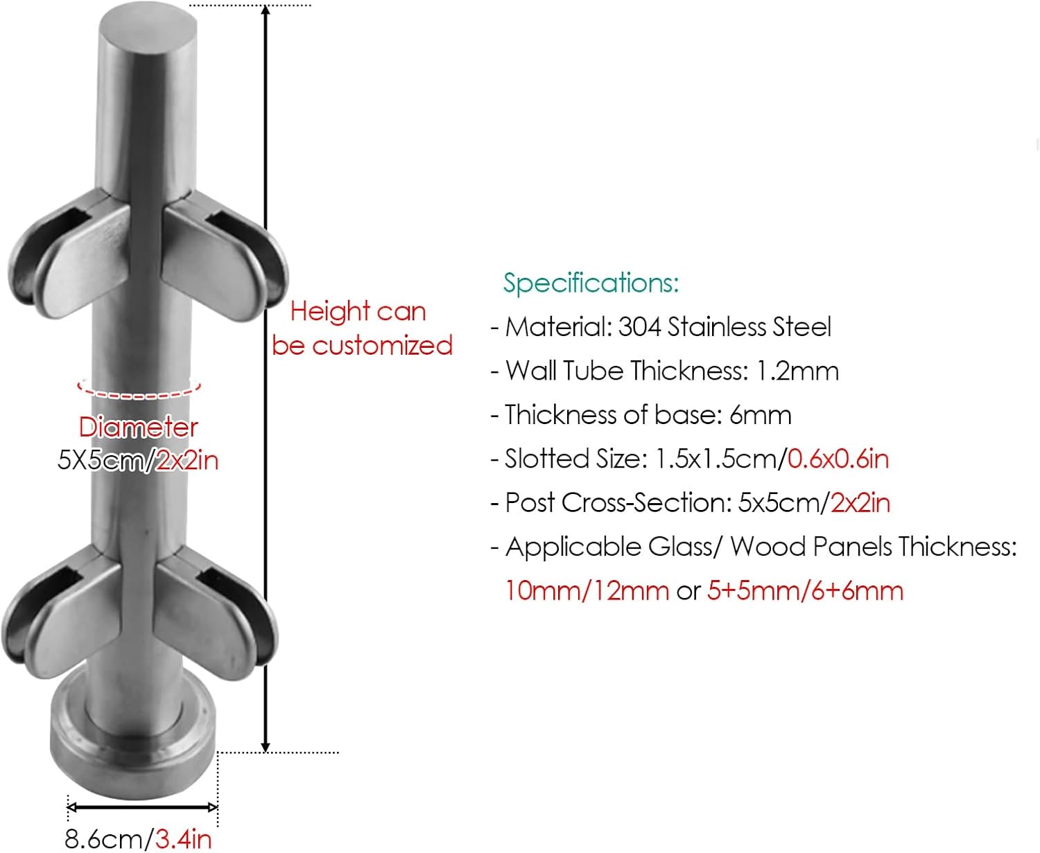 Stainless Steel Round Glass Railing Post with Clamp - Durable Glass Balustrade Kit for Indoor/Outdoor Stairs, Corner Post, H120cm (47.2in) Guardrail System