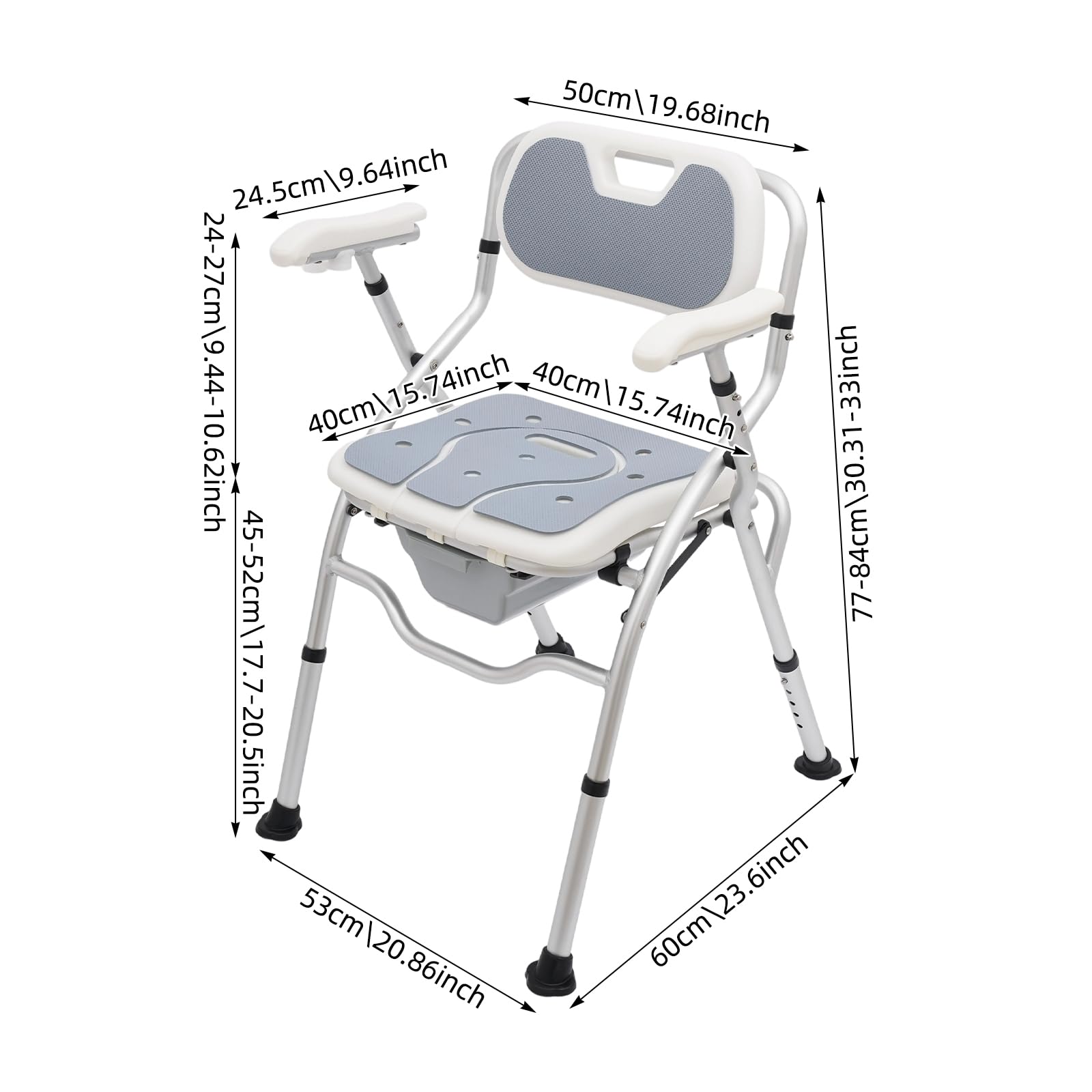 Sedia da doccia pieghevole per anziani, sedia da bagno regolabile in altezza, portata 150 kg, con braccioli e schienale, colore: grigio