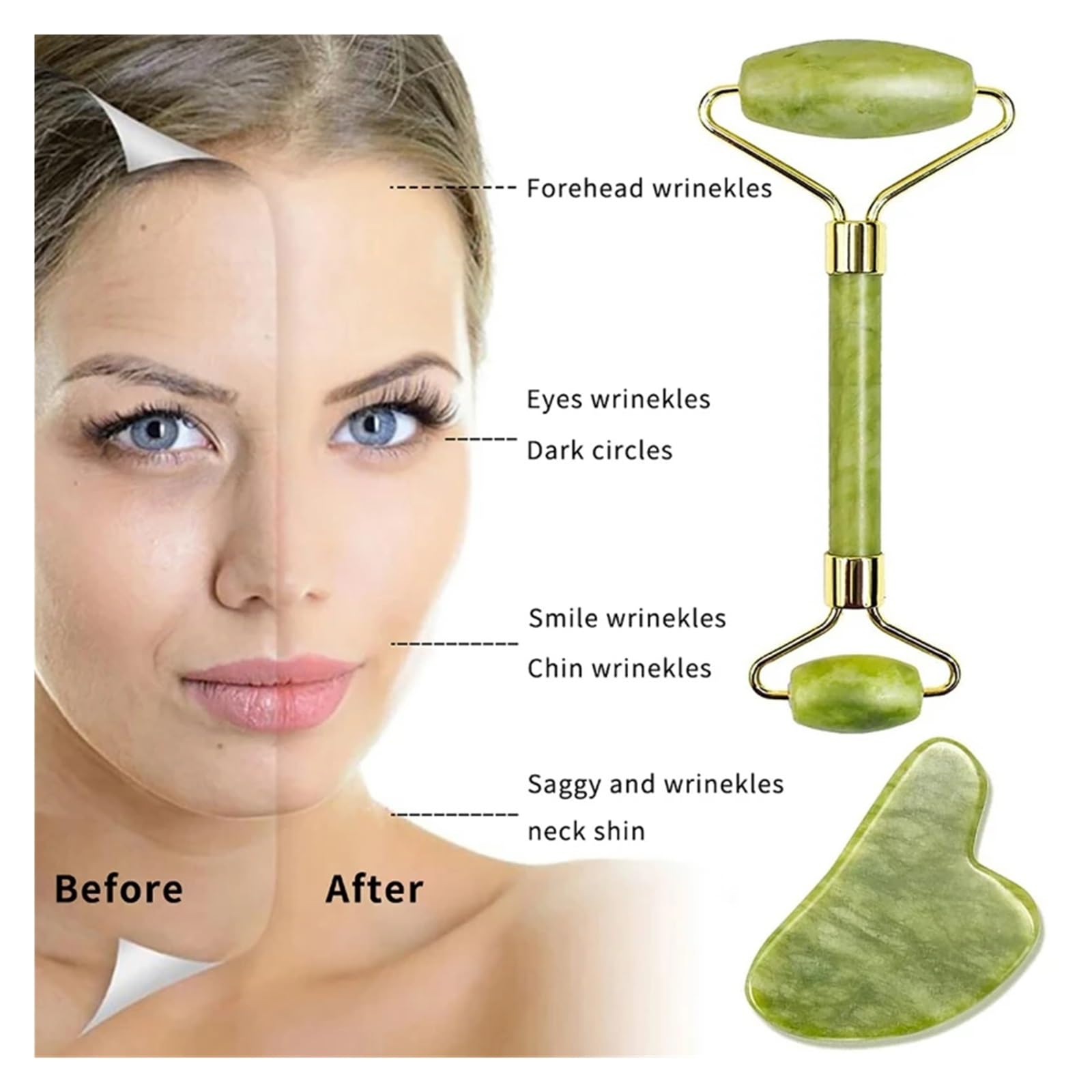 Natürliche Jade-Roller, Massagegerät, Gesicht, Körper, Rücken, Fuß, Massagerolle, Lifting, Anti-Falten, doppelendig, Gua Sha, Stil L