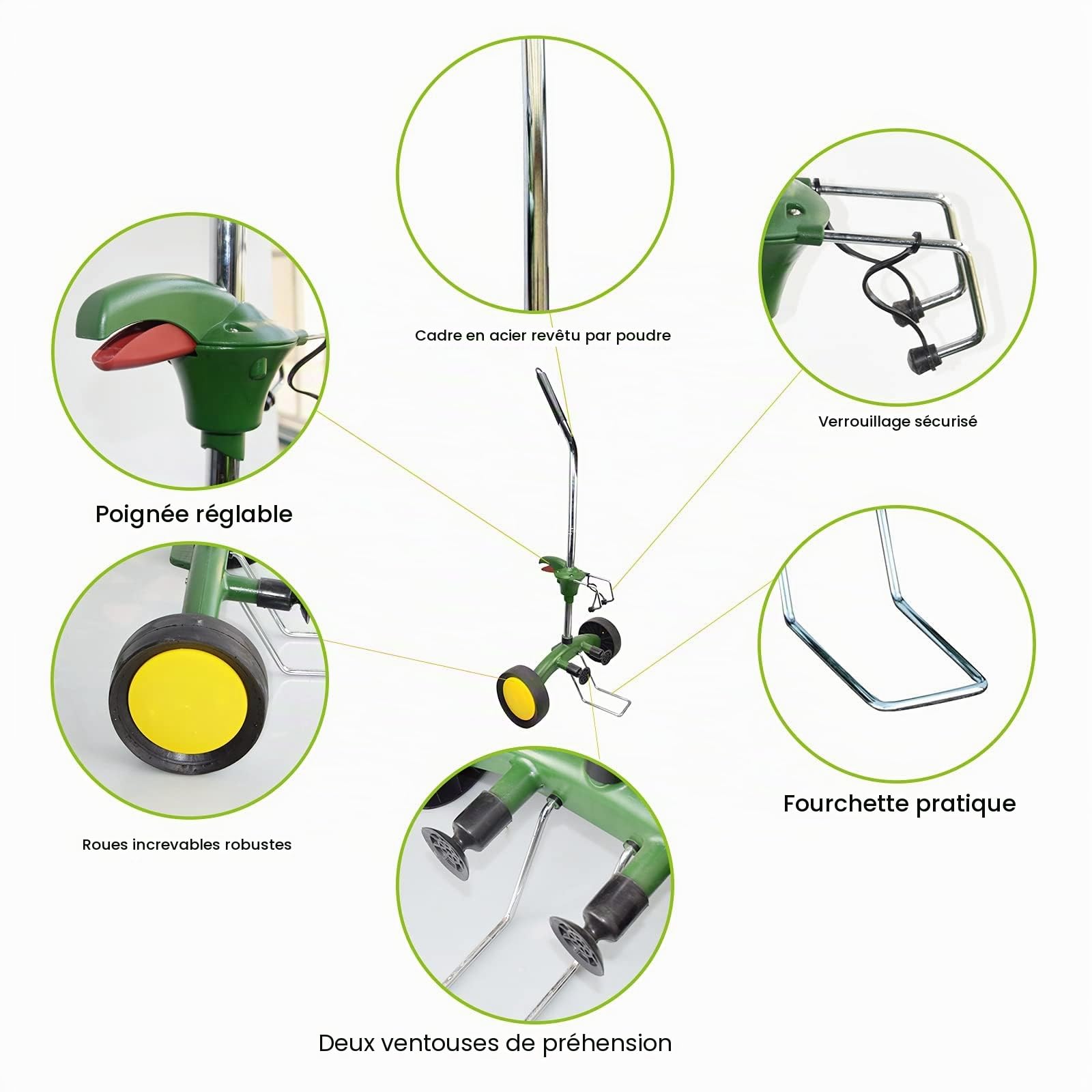 Déménageur de pot de jardin avec poignée réglable – Chariot robuste avec roues robustes sans plat et ventouses antidérapantes, capacité de poids maximale de 75 kg