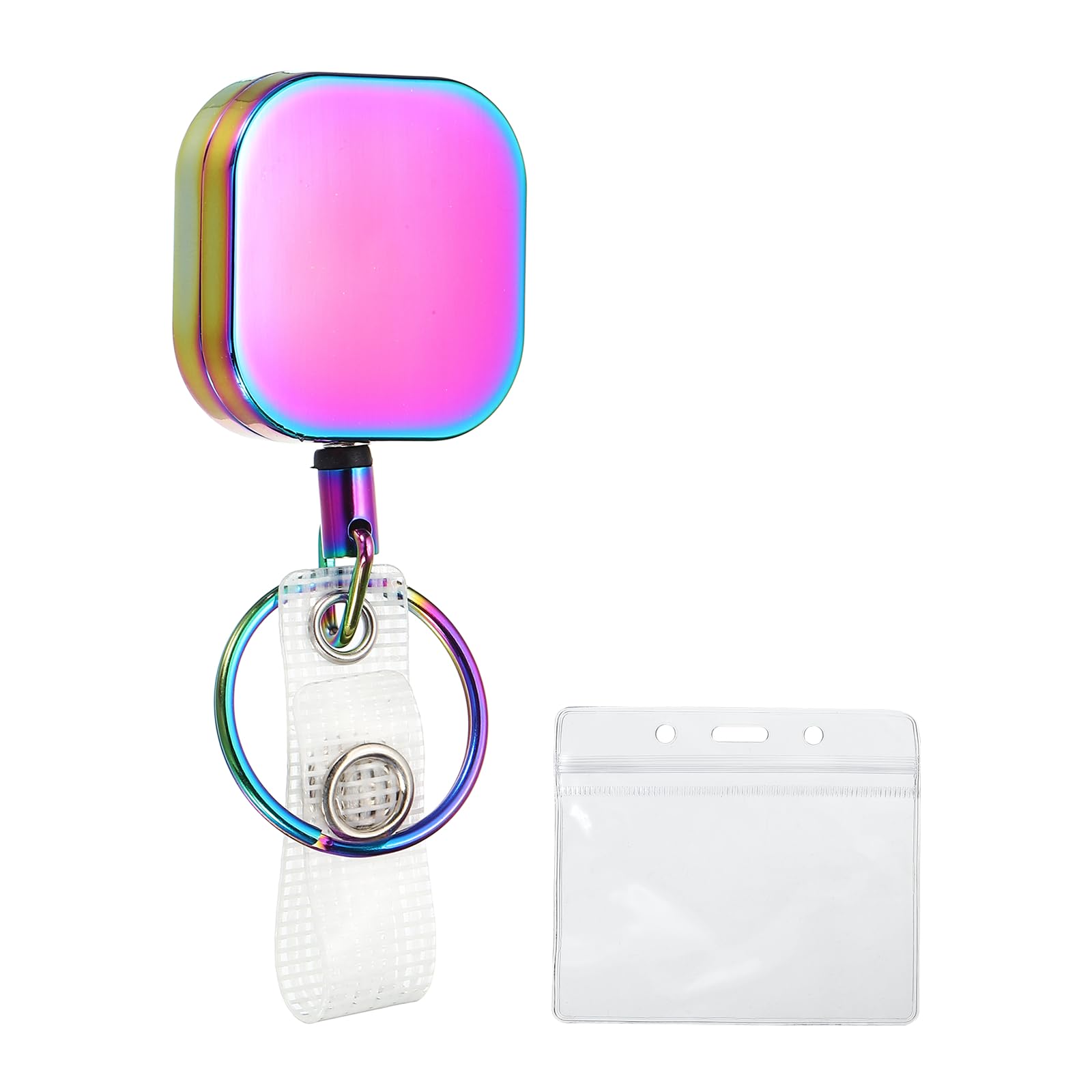 PATIKIL Retractable Badge Holder, Metal Badge Reels, Square Retractable Keychain with Belt Clip Key Ring and Horizontal ID Holders for Men Women Teacher Keys Name Cards, Iridescent