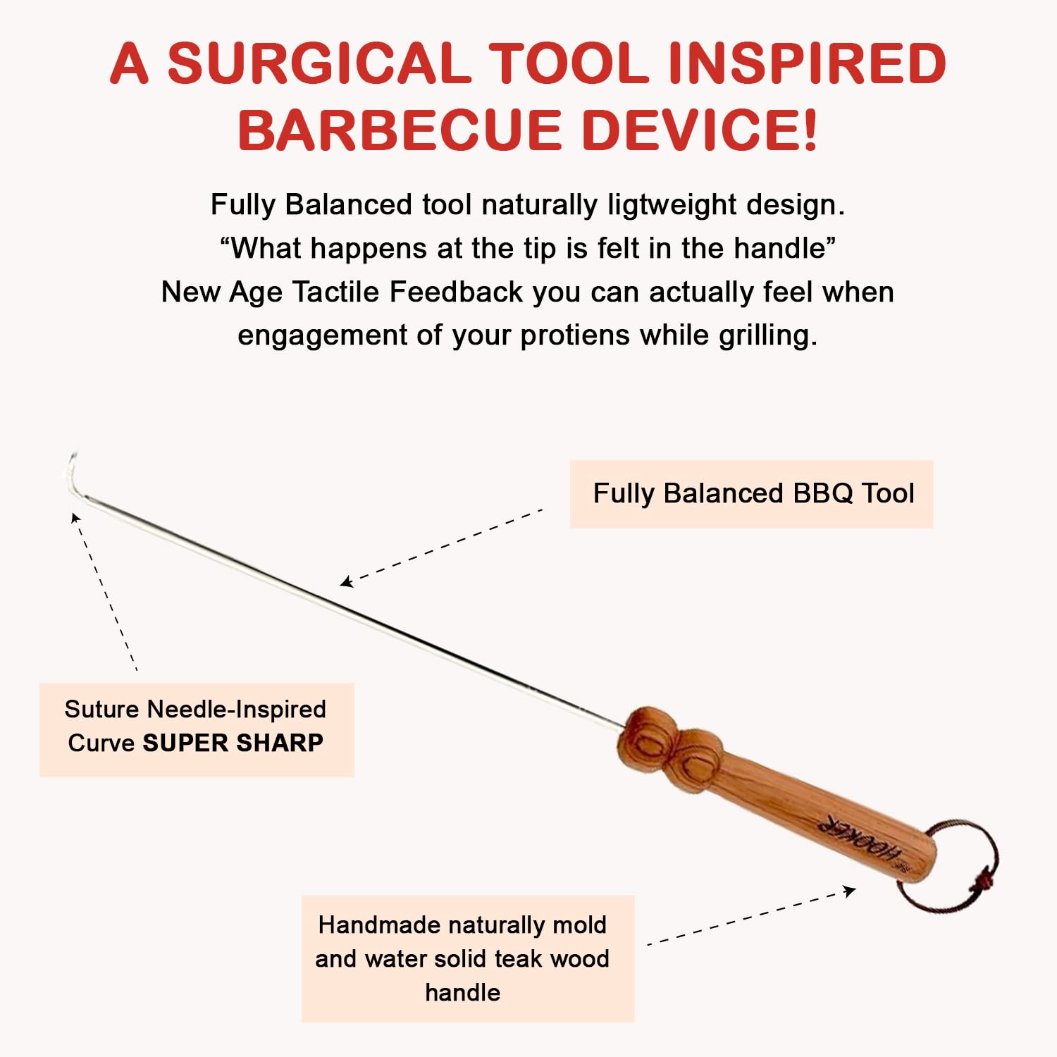 The Original BBQ Hooker, Kitchen and Barbecue Tools, Precision Grilling Tool, Sustainable Teak Handle, Ultimate BBQ Meat Hooker Flipper, Versatile Steak Hooker, Meat Turner, and BBQ Tool for Grilling