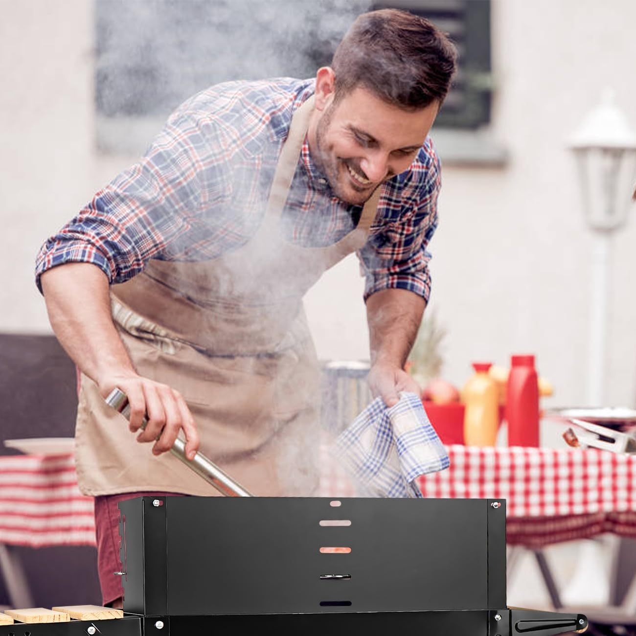 Charcoal Grill, Outdoor BBQ Portable Grill with Side Table and Wheel, Folding Grill for Outdoor Cooking Camping Garden (Black)