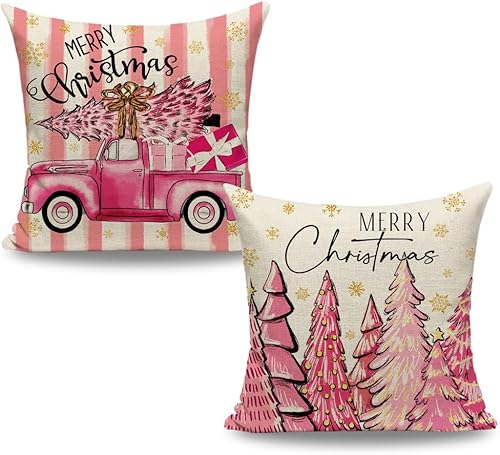 Juego de 2 fundas de almohada rosas con diseño de árbol de Navidad de 16 x 16 pulgadas, para exteriores, 16 x 16 pulgadas, decoración de camión de