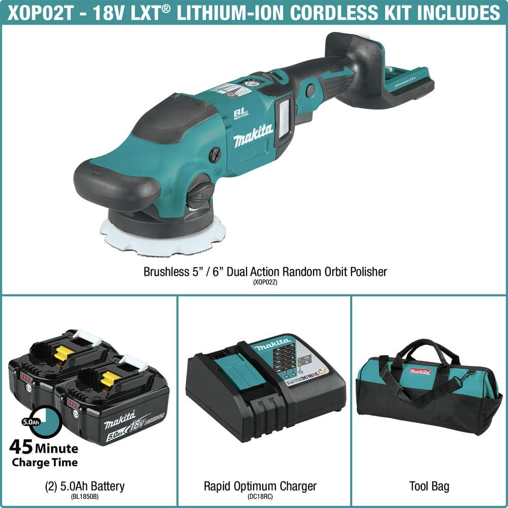 Lato view of the Makita XOP02T Polisher with an 18V LXT Lithium-Ion battery attached.