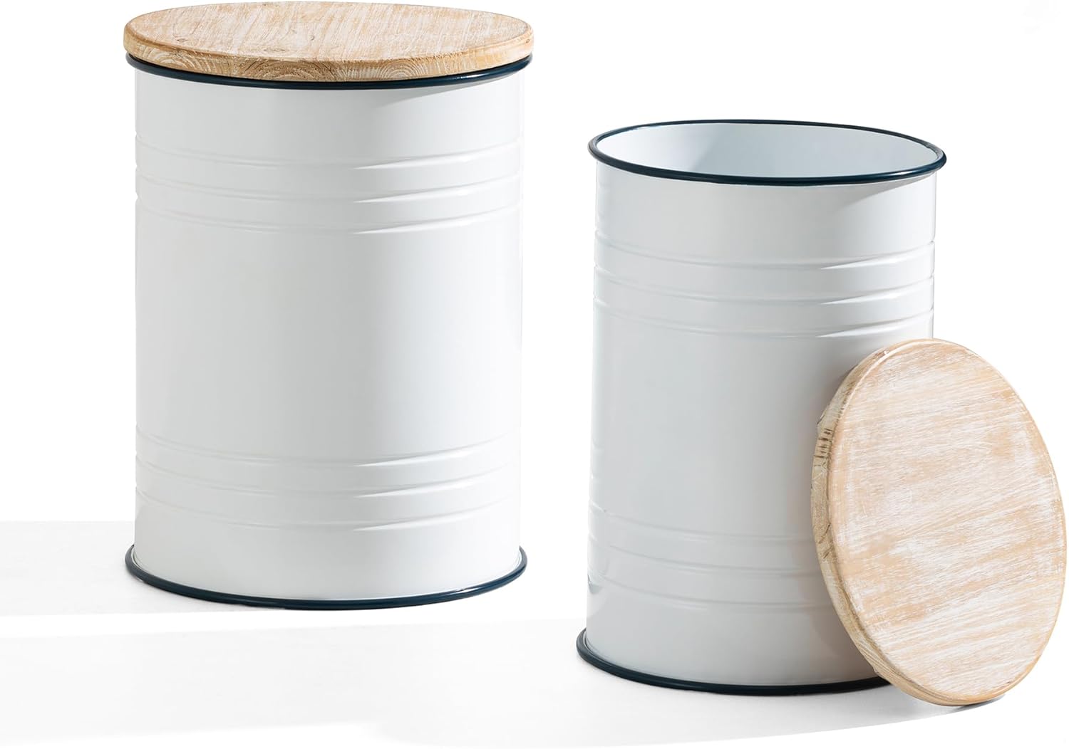 Glitzhome Rustic Storage Ottoman Seat Stool, Farmhouse End Table, Galvanized Dark Blue Rim Imitation Enamel Accent Side Table Toy Box Bin with Round Wood Lid for Living Room, Set of 2, White