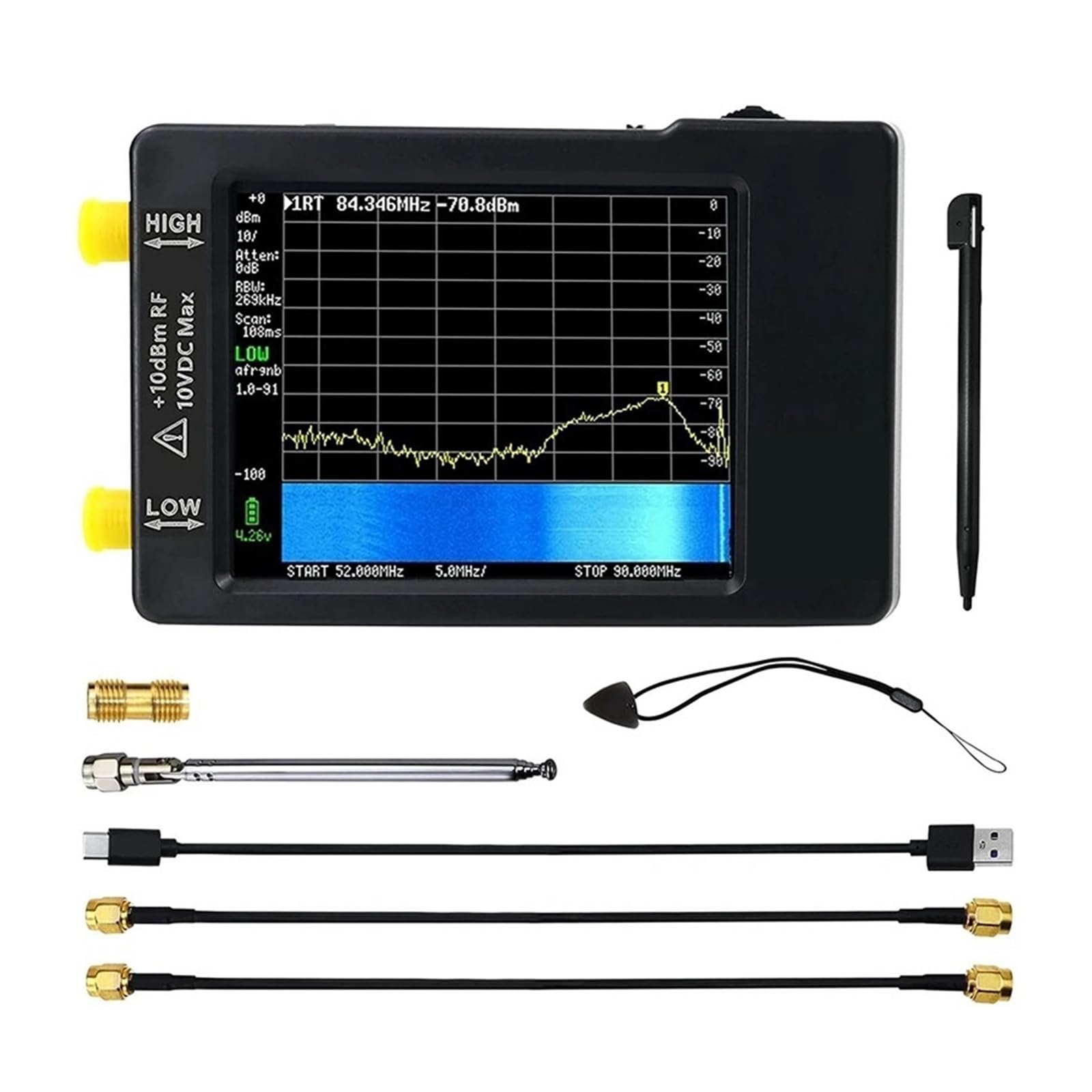 Analizador Vectorial de Redes, Analizador de espectro portátil con pantalla de 2,8", de 100 kHz a 960 MHz y versión con protección ESD Medición de Parámetros S, ROE