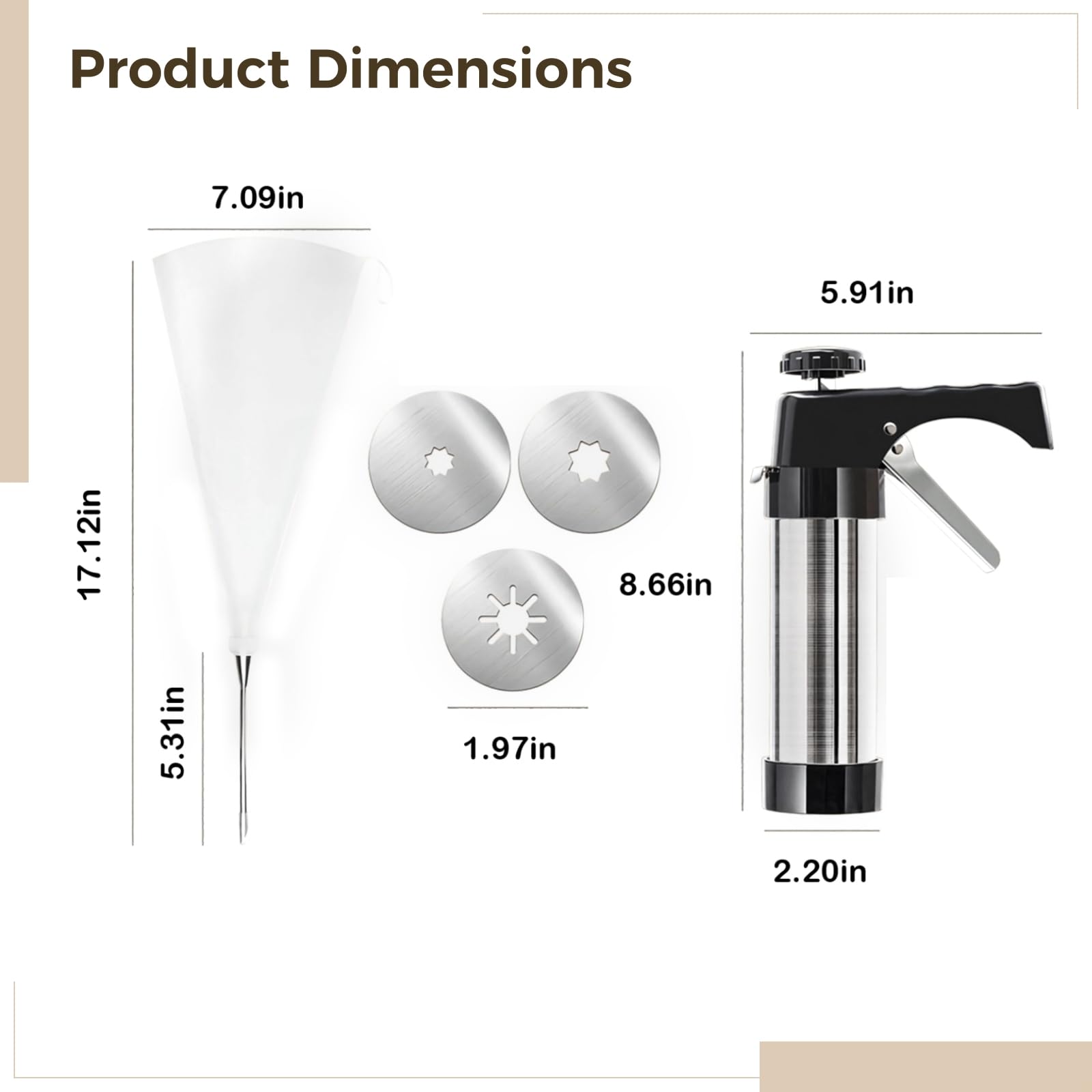 Ensemble de machine à biscuits en acier inoxydable avec 8 disques décoratifs et 8 embouts à douille, comprend une poche à douille et une brosse de nettoyage, idéal pour les pâtisseries et les