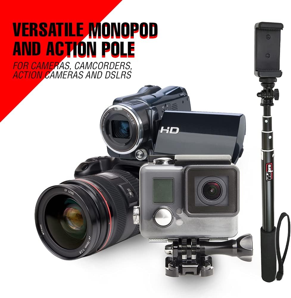 Vidpro MP20 Action Pole Lightweight 36inch Extendable Aluminum Monopod Collapses down to 10 inches Includes Integrated Mount for GoPro Phone Clamp and Tripod Adapter Perfect for Cameras