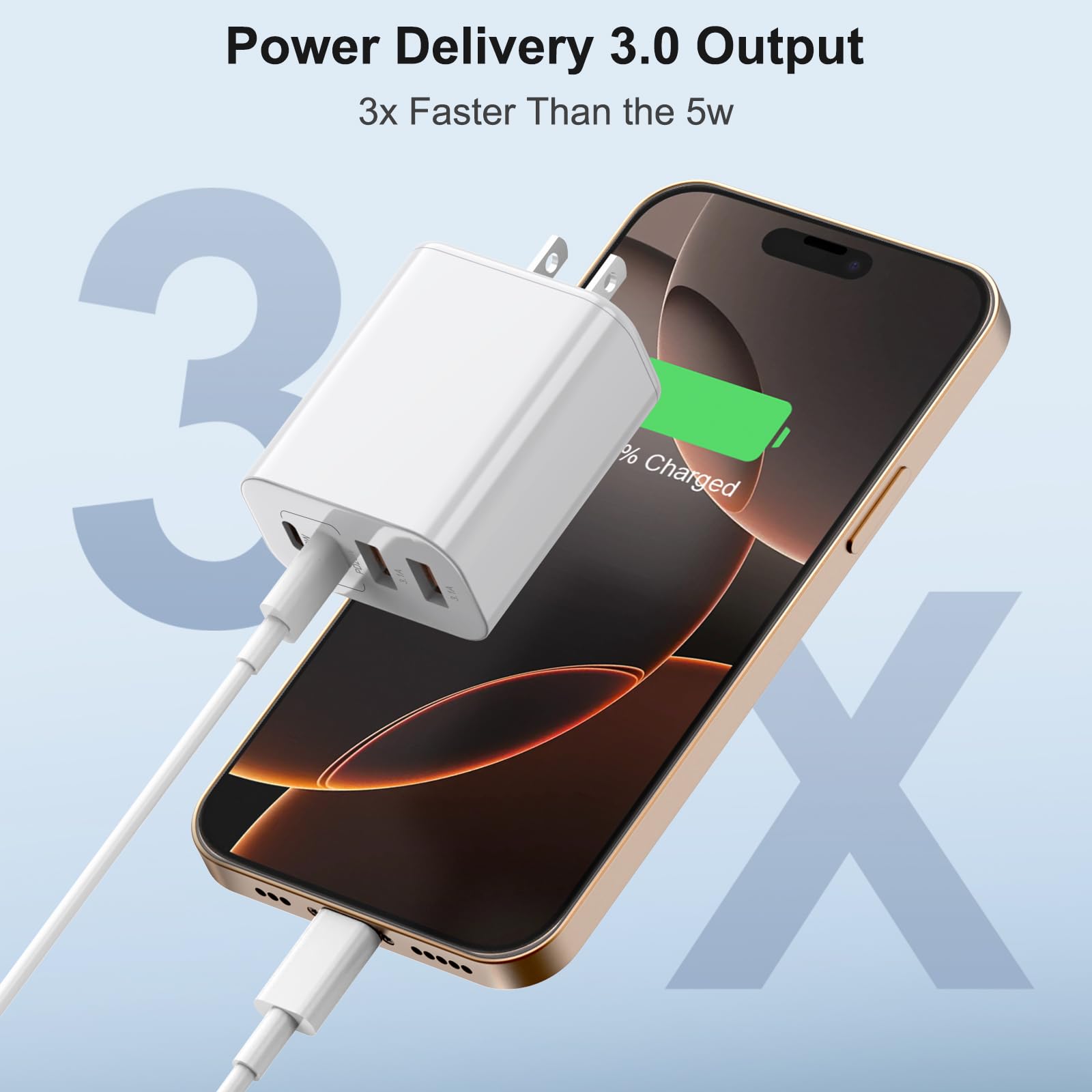 Blocco di ricarica USB C da 40 W, ricarica rapida per iPhone 17, 16, 15, confezione da 2, blocco di ricarica rapida a 4 porte con cavo di tipo C da 3 m, blocco di alimentazione multiporta per iPhone