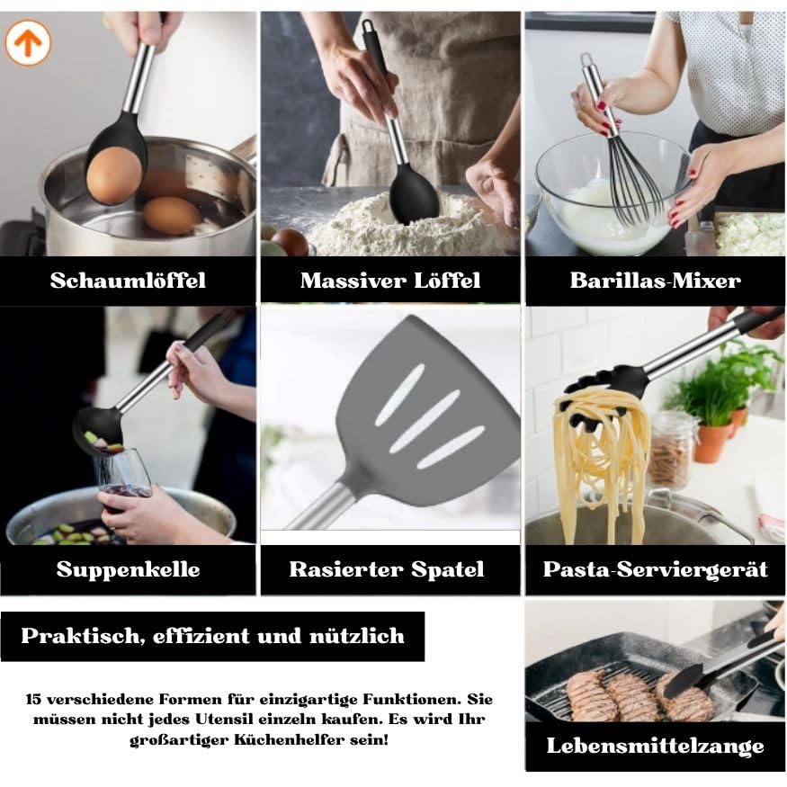 TINA&CO 15-teiliges Silikon-Kochgeschirr-Set mit Edelstahl-Griff, hitzebeständig, antihaftbeschichtet, große Pfannenwender, spülmaschinenfest (rot)