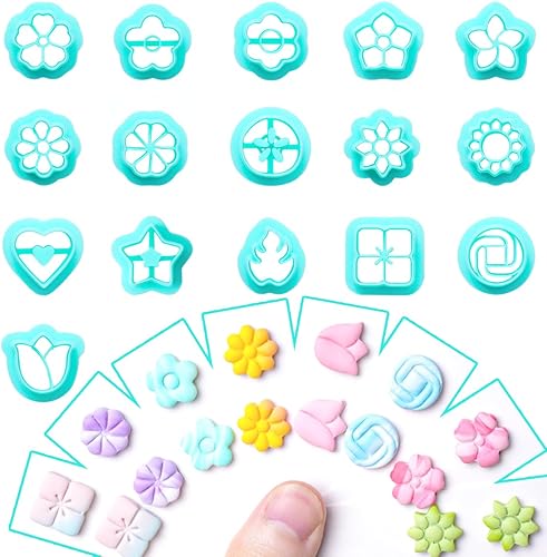 TAINSKY Cortadores de aretes de arcilla floral, 16 formas de pernos de flores para joyas de arcilla polimérica, Cortadores de arcilla pequeña para