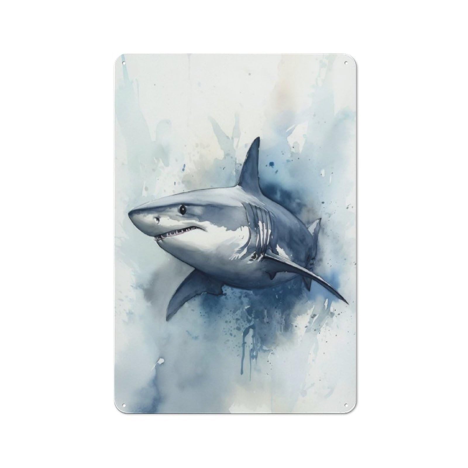 Junmoney Great White Shark Watercolor Tin Sign 30X20cm For Workshop Wall, Retro Wall Decor, Suited To Metal Sign Collectors