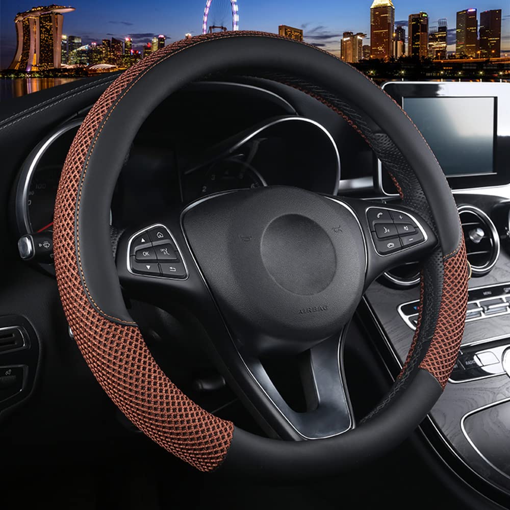 Cxtiy Premium Ice Silk Steering Wheel Cover - Soft, Breathable, and Anti-Slip for Ultimate Comfort and Style Universal Fit Most of Cars SUV Auto Vehicle (C-Coffee)