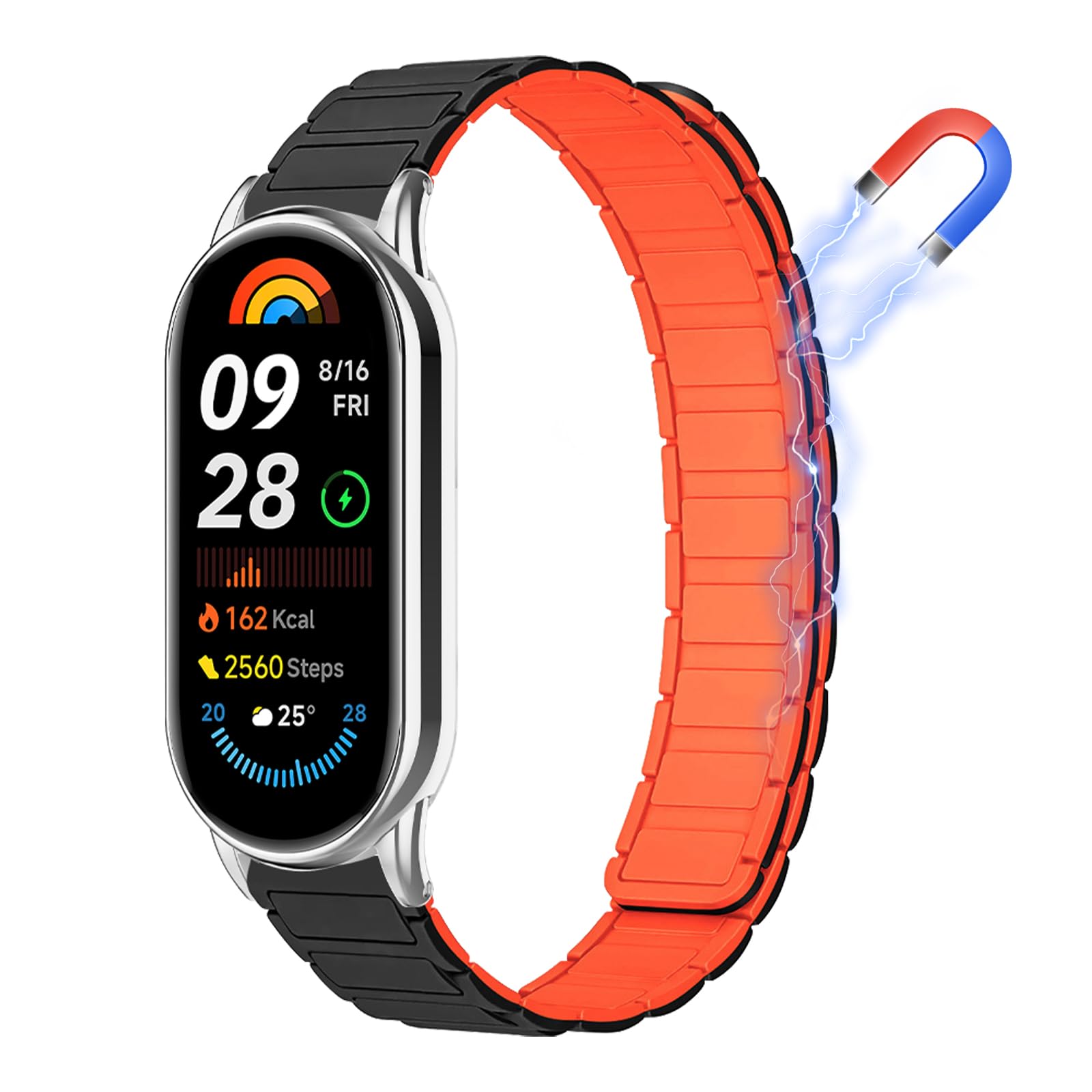 [ReHowy] Xiaomi Smart Band 10 / Xiaomi Smart Band 9 / Mi 8 対応 交換バンド 強力な磁気 シリコン製 弾力性 シャオミ スマートバンド10/9/8 交換ベルト 長さ調整可能 柔らかい 防水 軽量 コンパチブル xiaomi band 10/9/8 替えベルト ブラック/オレンジ