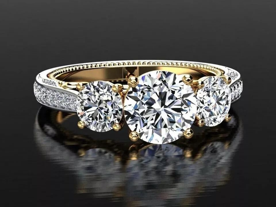 925 Sterling Silver Antique Lab Created Diamond Three Stone Wedding 14K Two Tone Gold Plated Ring Gift for Her3