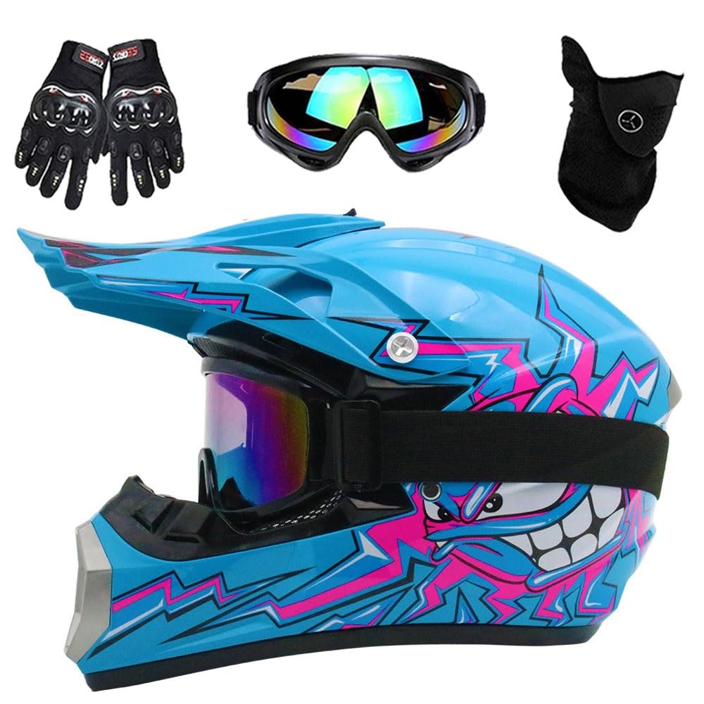 Casque de Moto, Casque de Motocross Pour Jeunes Enfants, Homologué DOT, Casque de Course Universel Quatre Saisons Avec Gants, Lunettes, Masque, Ensemble de 4 PièCes(126 Blue Moon,M(54-55cm))