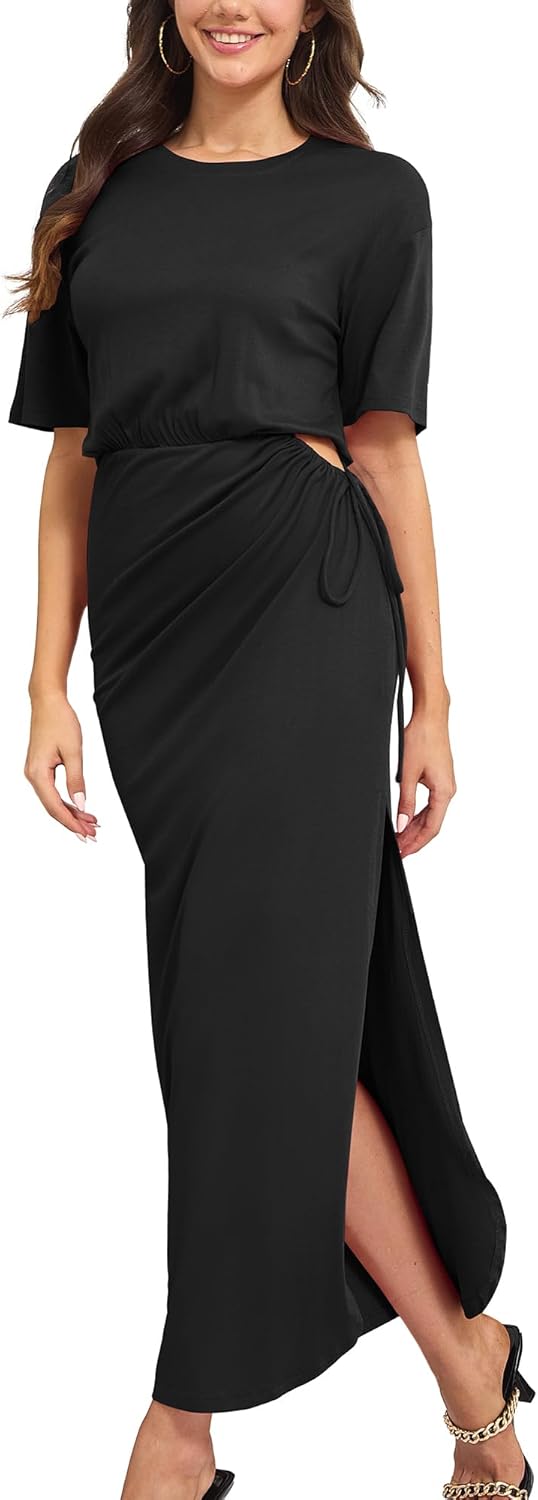 Yulaviniee Women's Summer Maxi Tshirt Dress Short Sleeve Crewneck Tie Waist Casual Slim Fit Slit Long Dresses