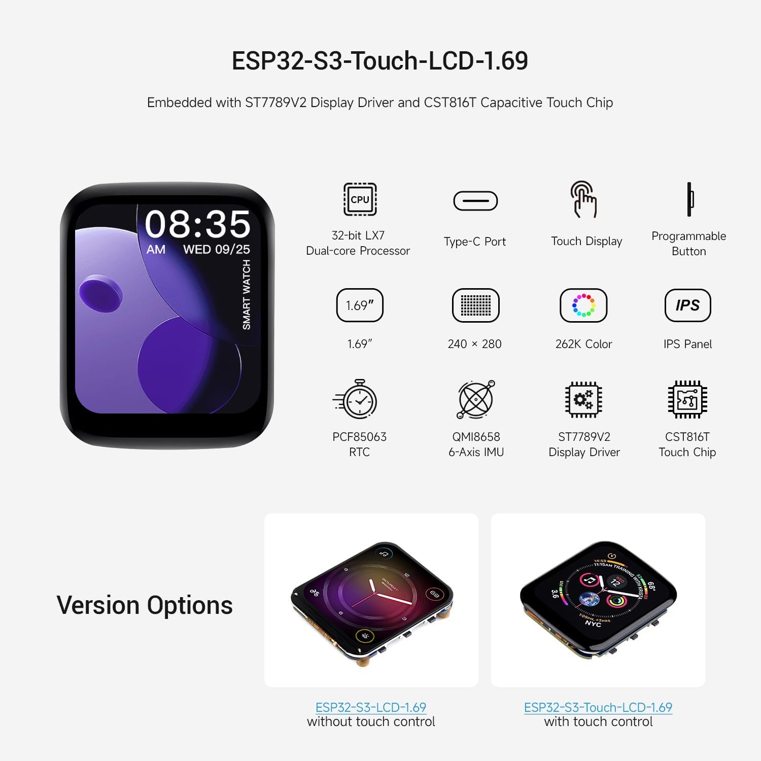 KLAYERS ESP32-S3 1.69-Inch Touch LCD Development Board, Built-in ST7789V2 Display Driver, CST816T Capacitive Touch Chip, Lithium Battery Charging, 6-Axis Sensor (Accelerometer & Gyroscope), RTC