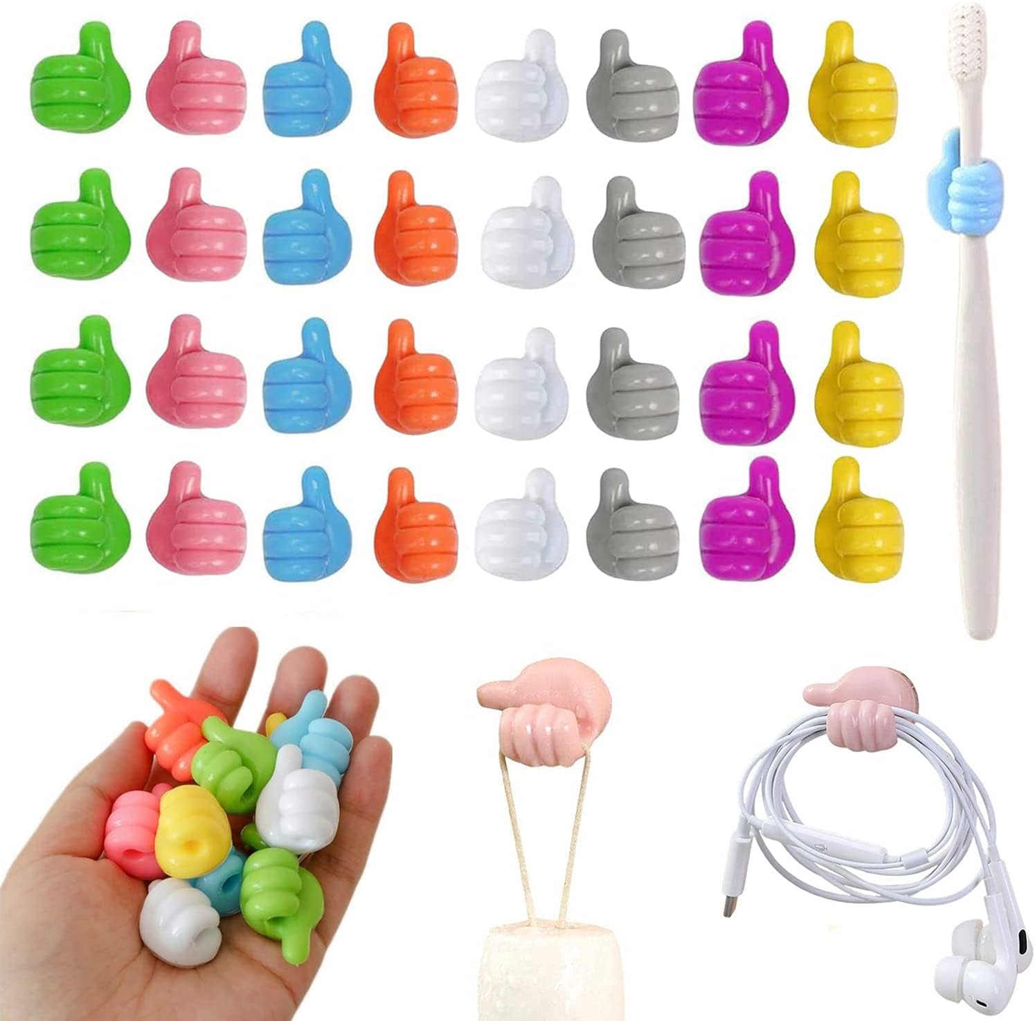 30pcs Self Adhesive Silicone Thumb Wall Hooks, Multifunctional Self Adhesive Clip Key Hook Wall Hanger for Storage Cable/Headphone/Plug/Mask