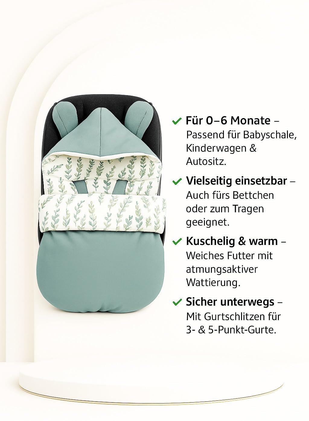 Fußsack für Babyschale Ganzjährig Boucle, Übergang Einschlagdecke universal 3-Punkt Eukalyptus