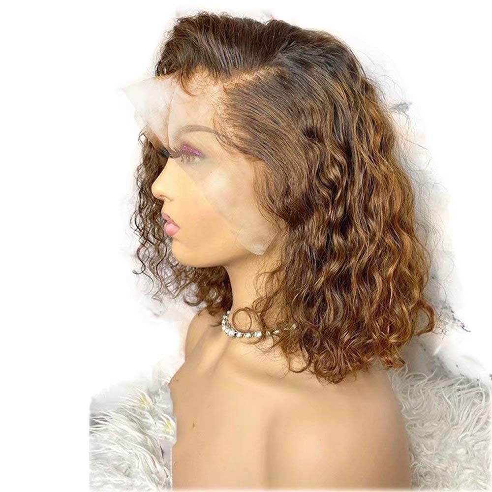 QUINLUX HAIR Ombre #4/30 Color Short Deep Wave Bob Wig Curly HD Transparent Lace Front Human Hair Wigs Pre plucked With Bleached Knots for Women 13X4 Remy Brazilian Lace Wigs Curly HD Lace Wigs 12"