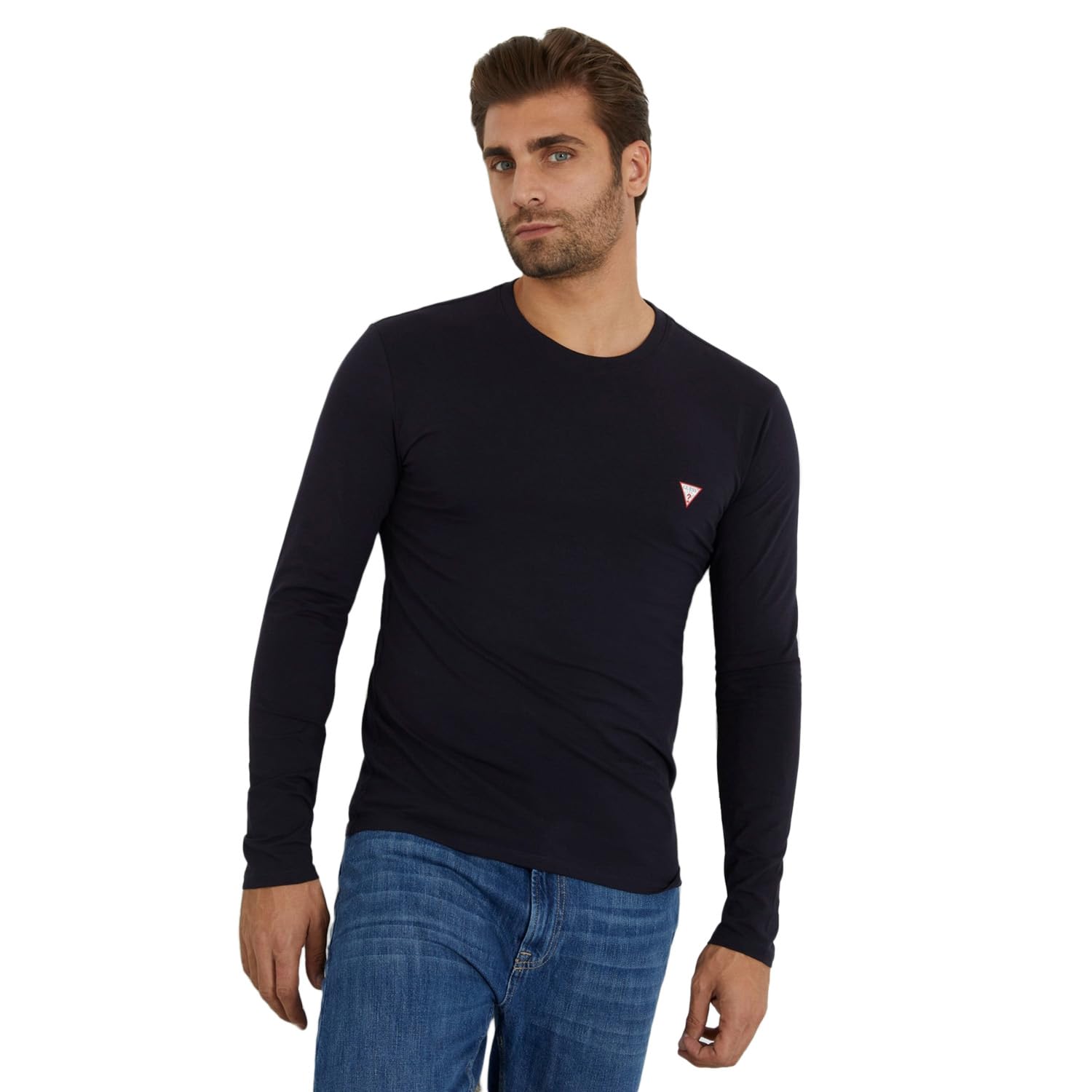 Guess Men's Blue Long Sleeve T-Shirts, S, Cotton Logo Print Long Sleeve