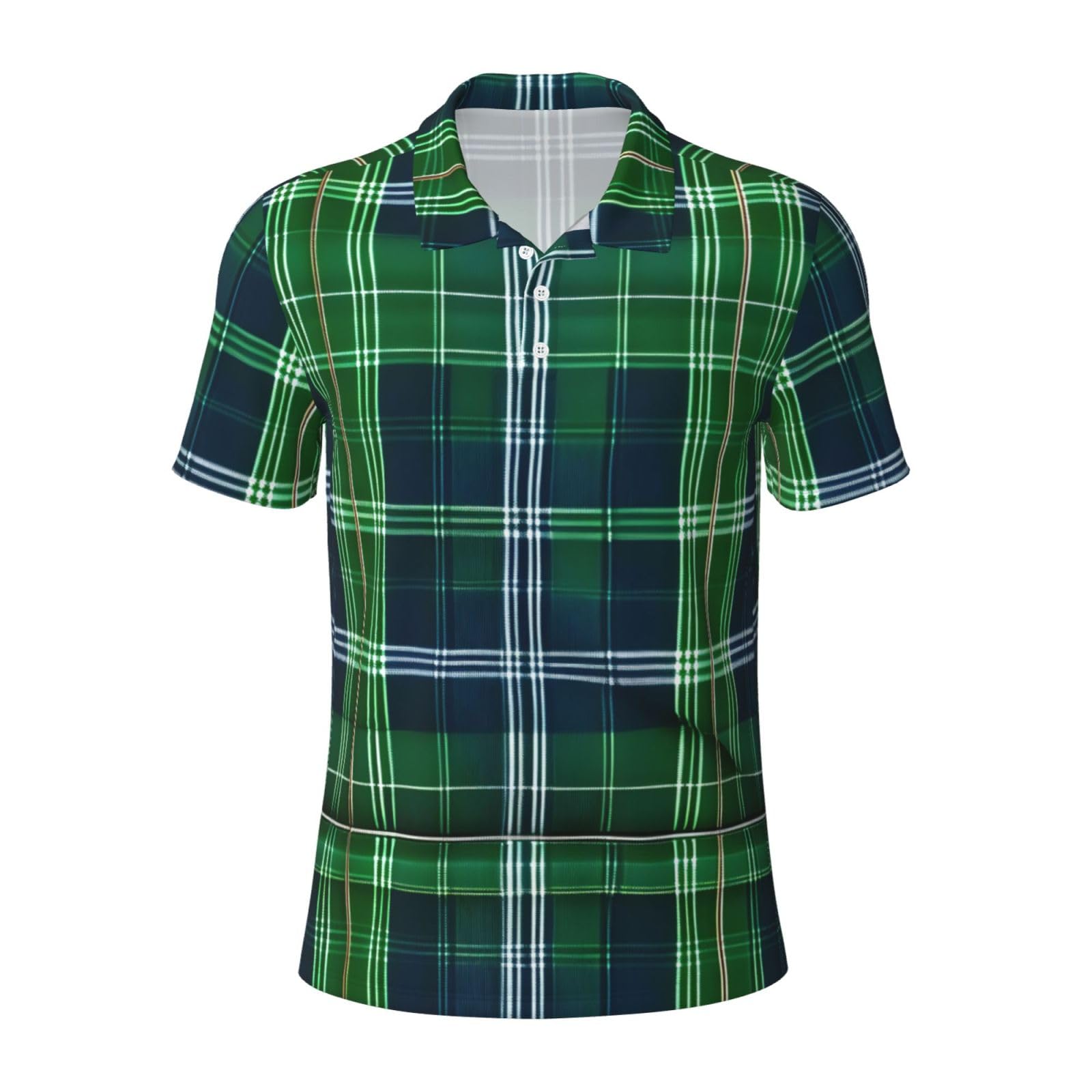 Bgshjvf Men's Black Blue Scottish Tartan Print Polo Shirts,Short Sleeve Golf Shirts For Occasions, Xl