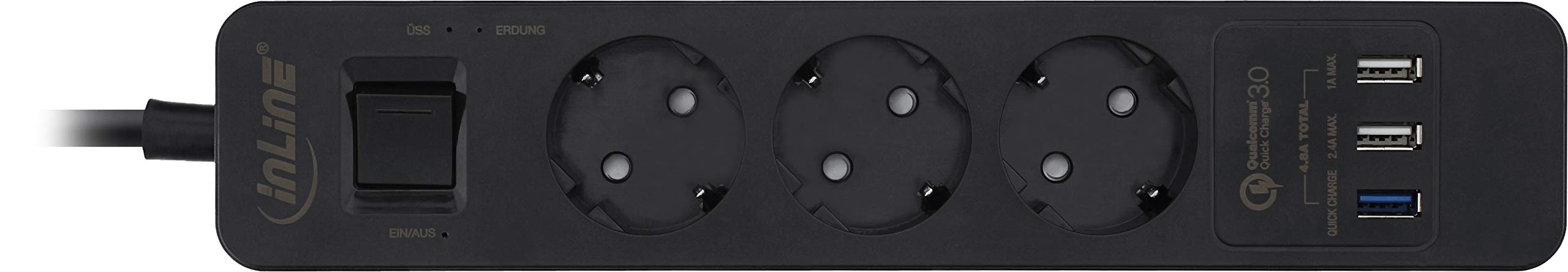 InLine 16491S Regleta de 3 enchufes, protección contra sobretensiones y QuickCharge USB, con Interruptor, 1,5 m, Color Negro