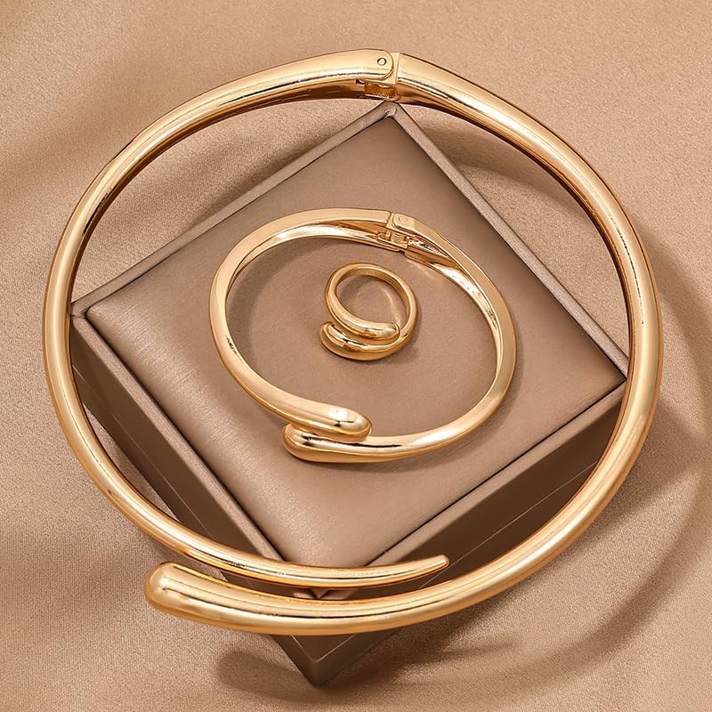 3 Pcs Chunky Gold Statement Jewelry Set for Women Bold Golden/Silver Choker Necklace Bracelet Ring Set Minimalist Open Adjustable Geometric Collar Necklace Fashion Jewelry Accessories for Women - Image 4