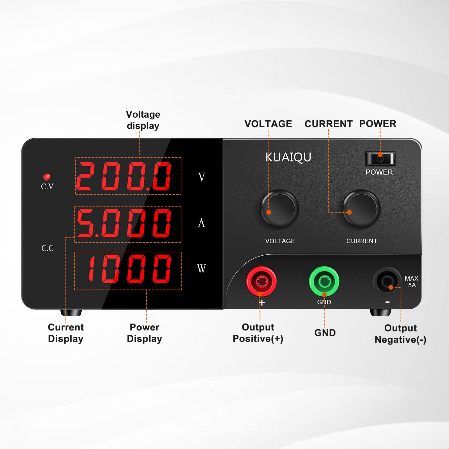 Fuente de Alimentación Regulable 200V 5A 1000W Alta Tensión Fuente de Alimentacion de Banco con Codificador Alta Potencia Alimentación de Laboratorio Ajustable con Salida Estable y Precisa