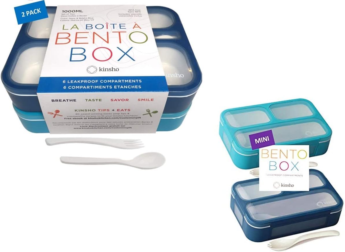 kinsho Bento Lunch Boxes and Snack Containers, Set of Two Each, Utensils Included, Blue and Navy