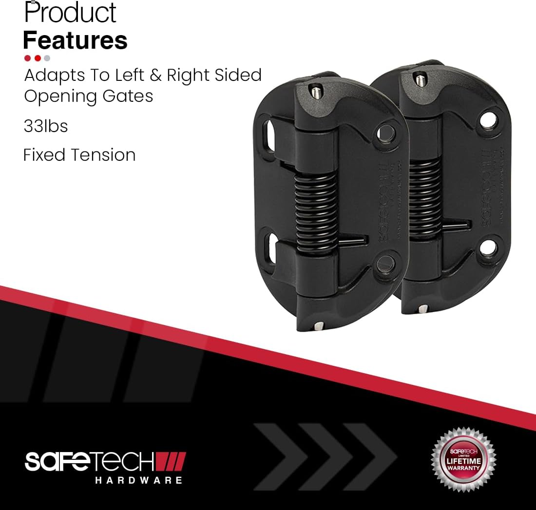 Safetech Hardware Self Closing Gate Hinges | Self-Aligning Spring Hinges | Fixed Tension | Pool Safety Hinge | Square Post, Aluminum & Vinyl/PVC Gates | Swing Close 35 lb SHF-90L – Black