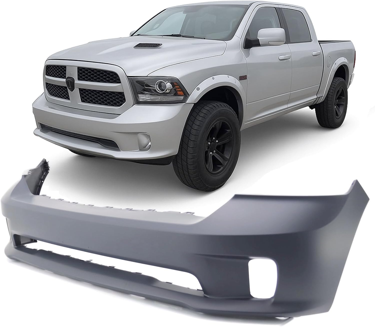 FitParts Compatible With Front Bumper Cover Dodge RAM 1500 2013-2018 Sport & Express Extended Standard Crew. New, Primed With Fog Light Holes. CH1000A10 68197698AA
