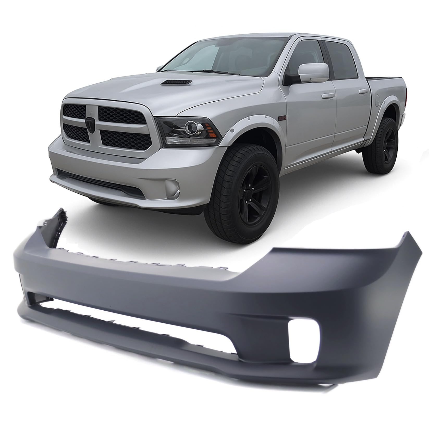 FitParts Compatible With Front Bumper Cover Dodge RAM 1500 2013-2018 Sport & Express Extended Standard Crew. New, Primed With Fog Light Holes. CH1000A10 68197698AA