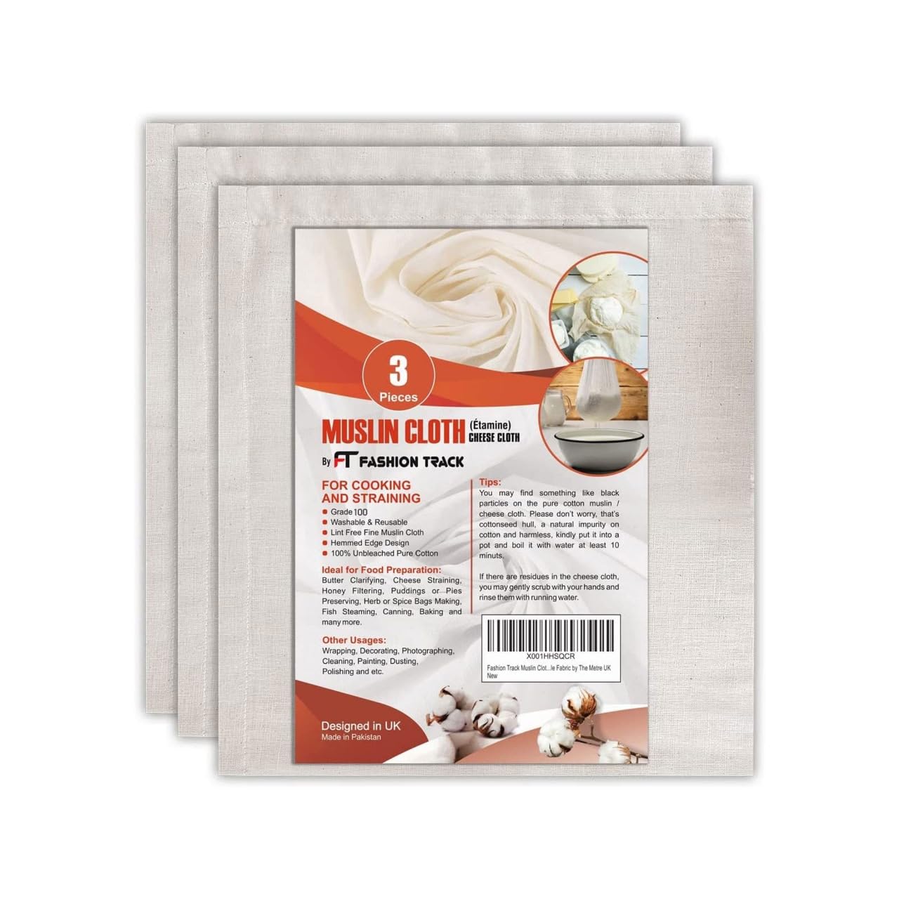 FT Fashion Track Muslin Cloths for Cooking, Cheese Cloths for Straining, 3 Pcs for Baking and Filtering, 35 x 50cm, Grade 90 Lint-Free 100% Unbleached Cotton Reusable Fabric