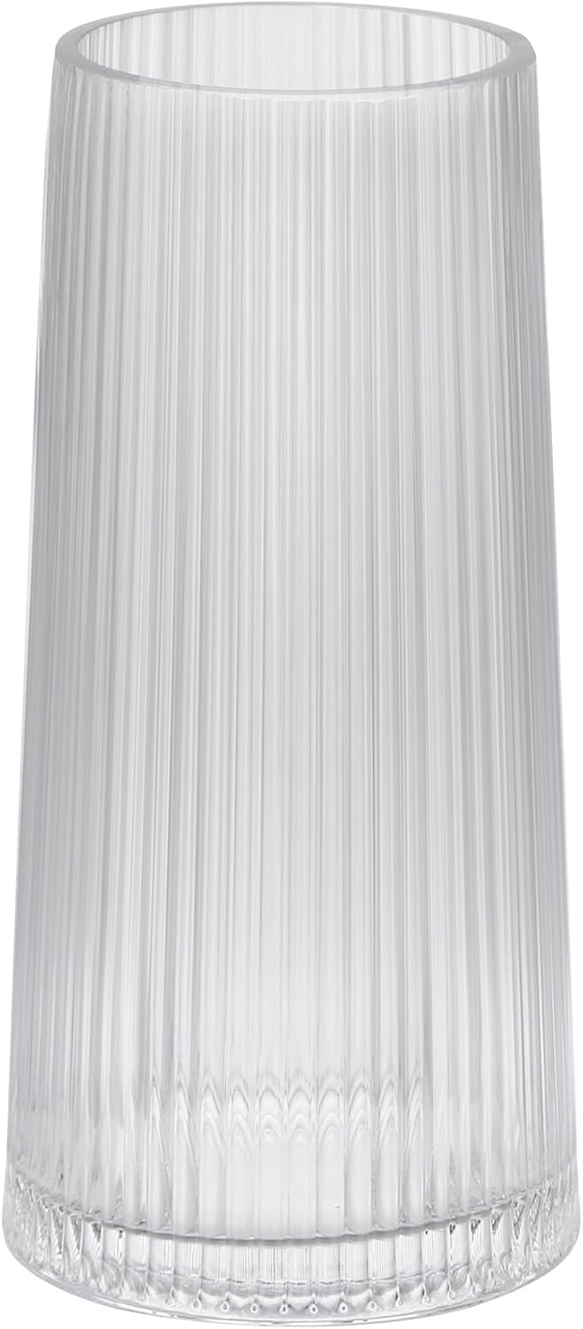 10" High Clear Glass Vase for Flower, Flower Vase for Bouquet, Ribbed Vases, Modern Glass Vase for Living Room, Bedroom, Dinning Table, Wedding, Centerpiece (Clear, 4.8"x10")