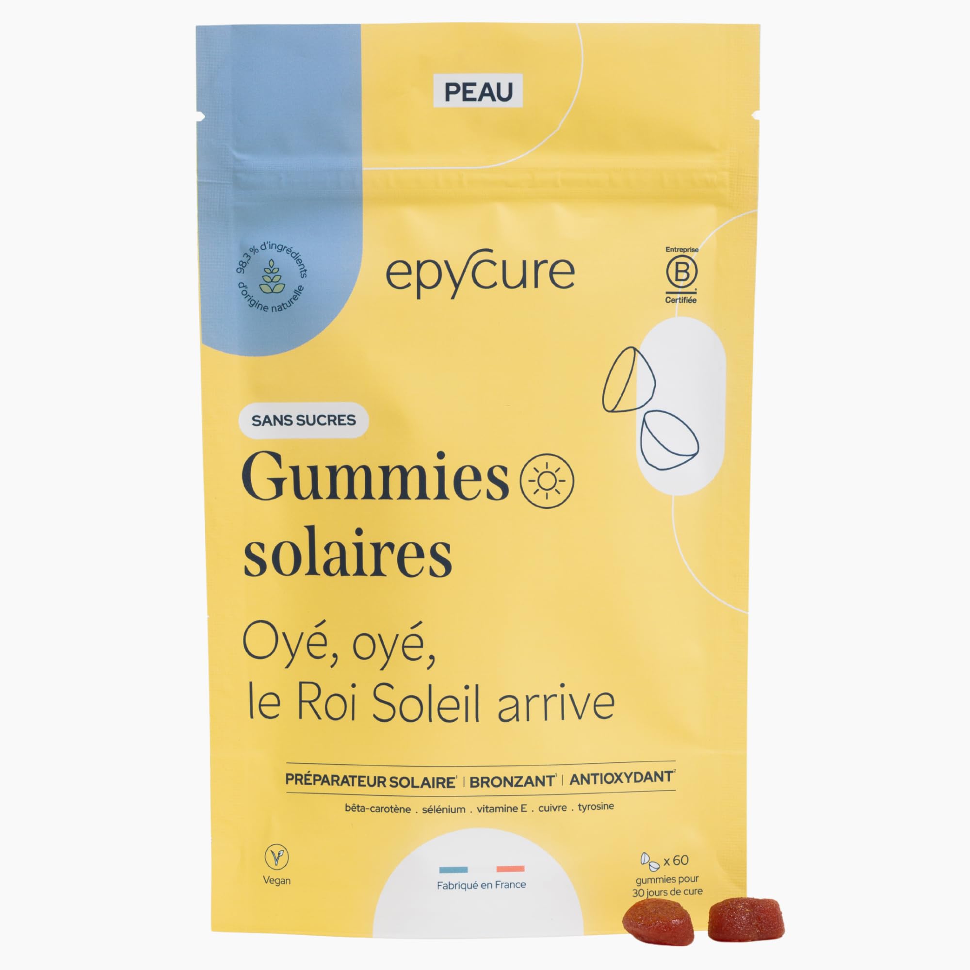 EPYCURE - Gummies Solaires Sans Sucres - Prépare, Protège et Prolonge Bronzage - 98% Naturel - Bêta-​Carotène, Vitamines C & E, Tyrosine, Sélénium - 1 Mois - Vegan - Fabriqué en France