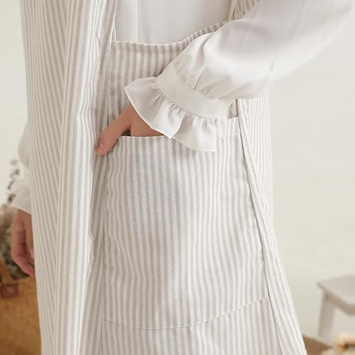 Miniatura 8 de Delantal de lino de algodón color blanco trigo encaje y arco decoración delantales estilo japonés chica estilo botón lateral cocina ropa