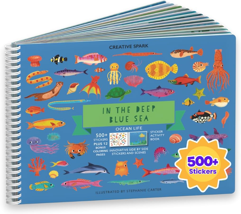 Cupkin Ocean Stickers Book Activity for Kids Toddler Airplane Travel Essentials Over 500 Shark Stickers for Kids + 12 Scenes + 12 Coloring Pages Deep Blue Sea Gift Kids Craft 2-8 Years Old