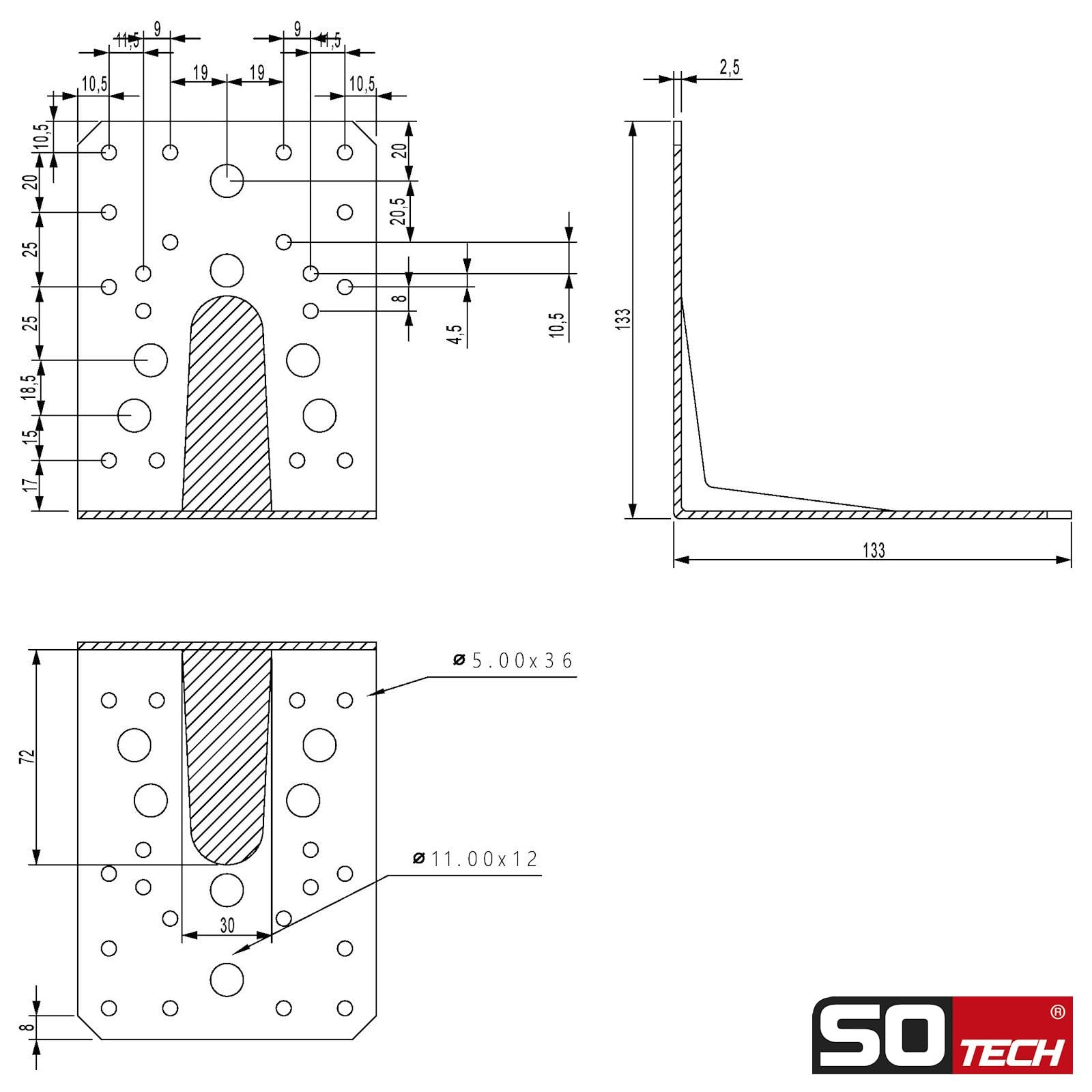 SOTECH 20er Set Bauwinkel Winkelverbinder 130 × 130 × 100 mm mit Sicke (Verstärkung) 90° Materialstärke 2,5 mm Schwerlastwinkel aus feuerverzinkter Stahl Eckwinkel Stahlwinkel Metallwinkel Winkel