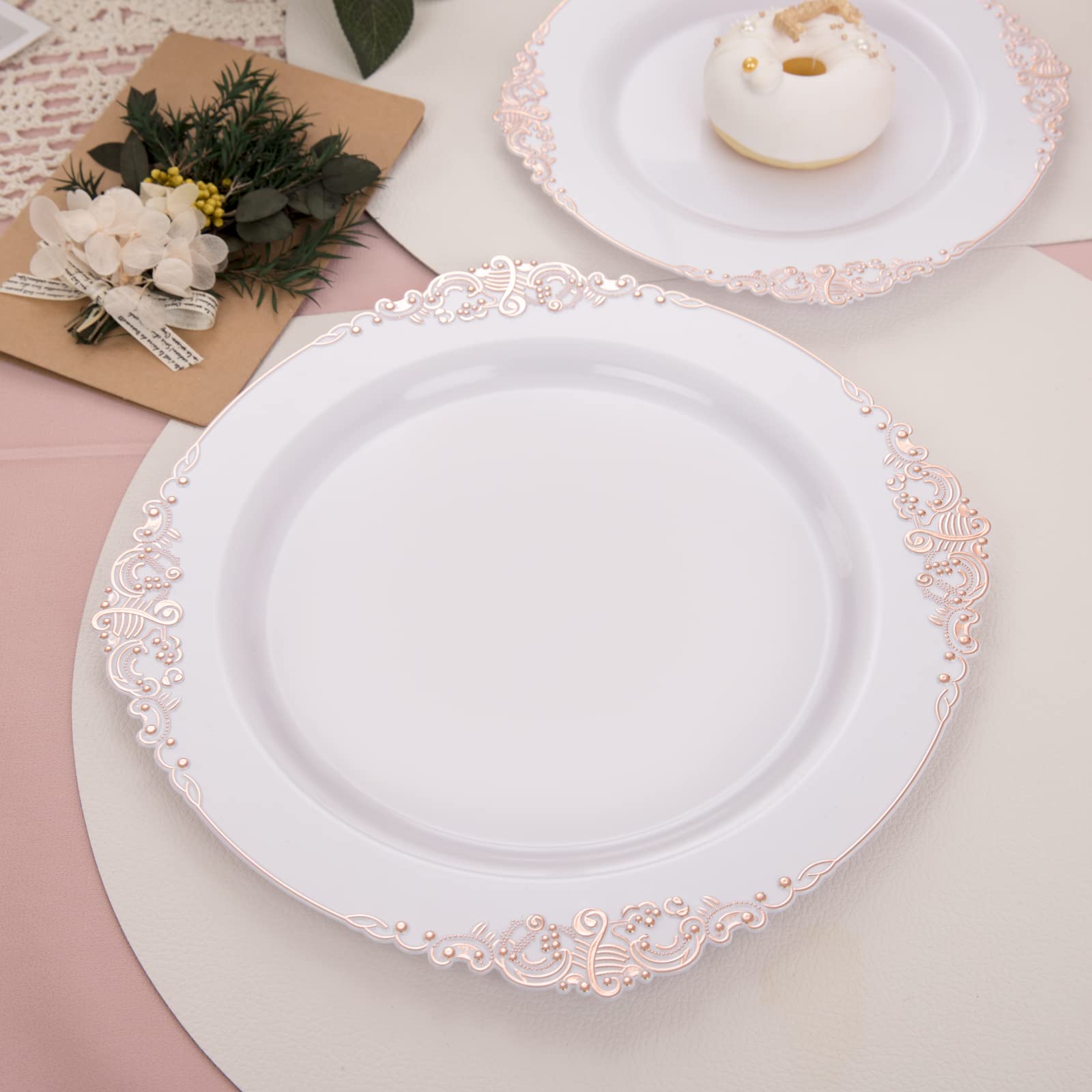 Morejoy 100 Pieces Rose Gold Plastic Plates - Rose Gold Disposable Plates - 10.25inch White Plastic Dinner Plates With Rose Gold Rim for Weddings & Parties & Shower