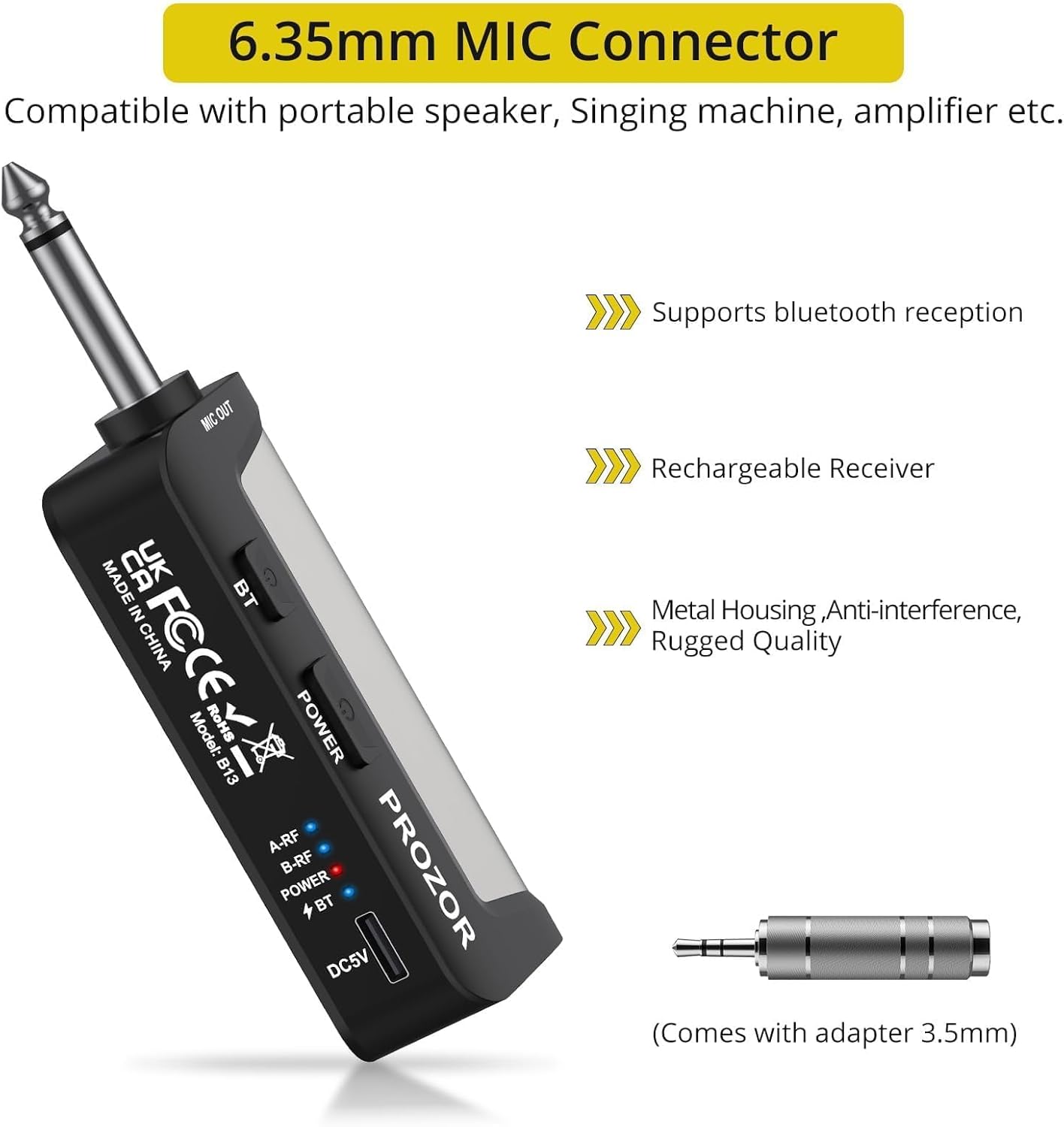 PROZOR UHF Wireless Microphone with Volume Treble Bass Echo Control, Wireless Rechargeable Mic Dual Handheld Dynamic Mic System with Rechargeable Receiver, for Karaoke Machines, DJ, Church, Weddings