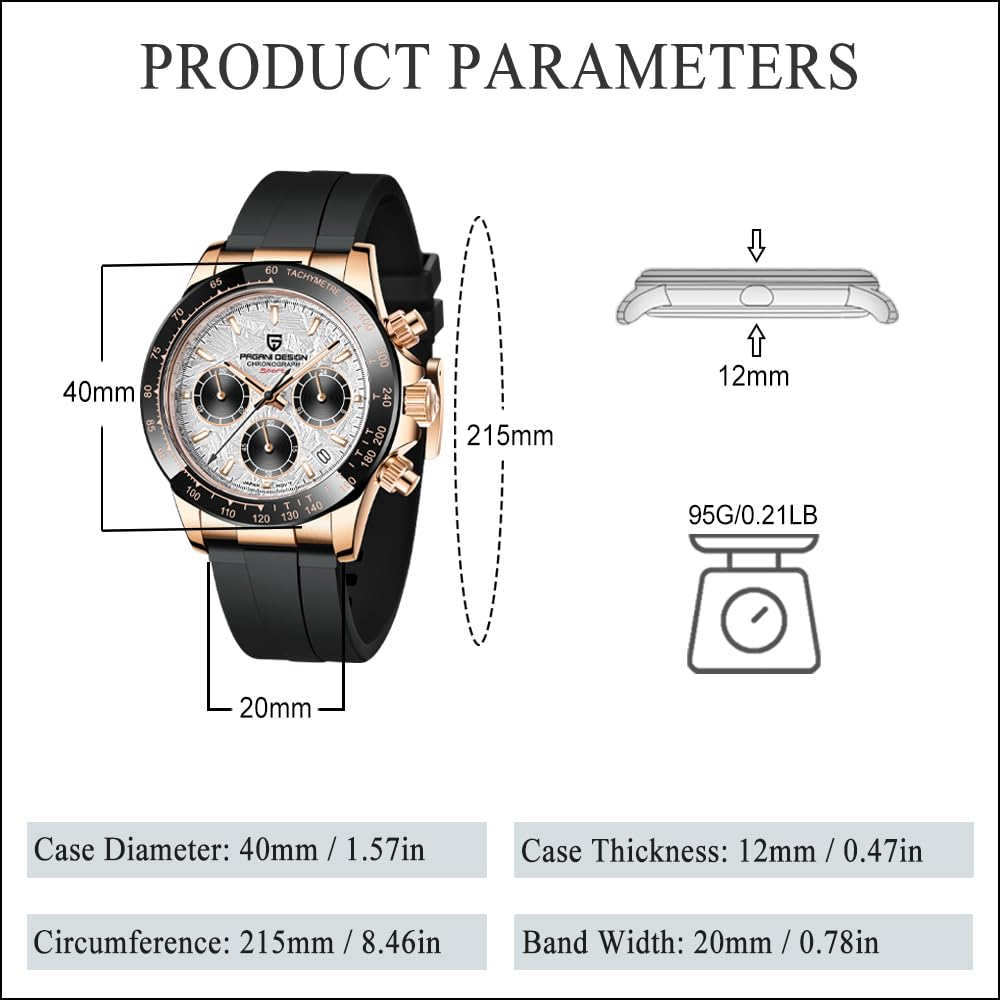 PAGRNE DESIGN Orologio cronografo al quarzo Homage, VK63 Movimento Luneta in ceramica Impermeabile Sport Cinturino in gomma Orologi da polso uomini