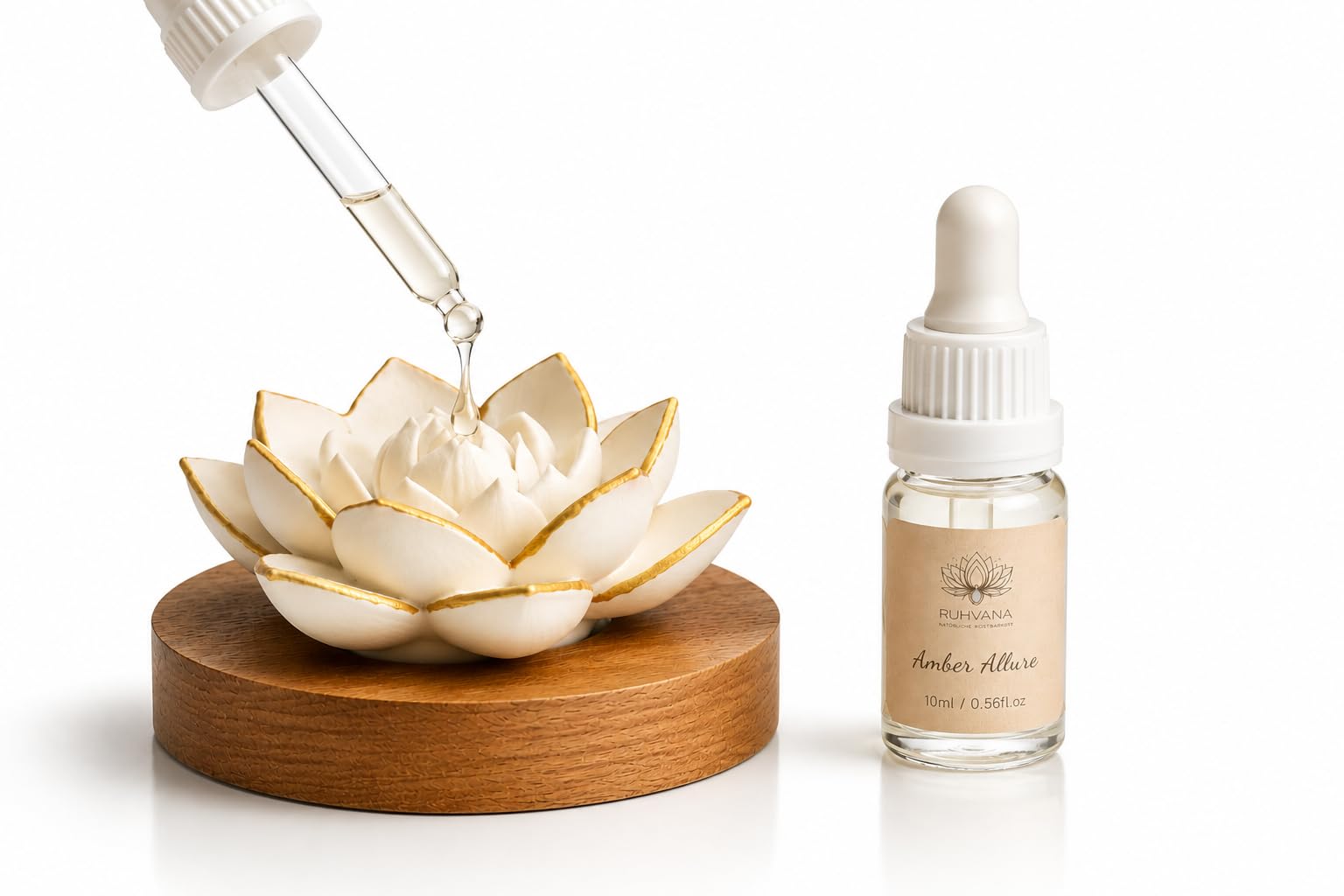 Lotus Diffuseur d'arômes – Pierre parfumée faite à la main en plâtre avec base en bois | Aromathérapie naturelle sans électricité | Comprend une huile parfumée Amber Serenity de 10 ml