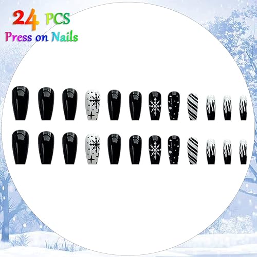 Miniatura 4 de Uñas a presión de copo de nieve medianas con diseño de ataúd negro y blanco elegantes líneas de copo de nieve para mujer uñas postizas de Navidad 24