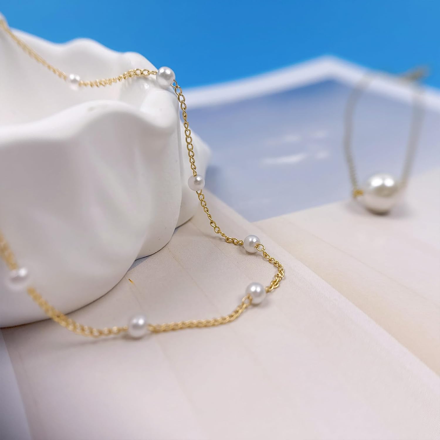 Pearl Jewelry Set for Women Dainty Gold Plated Layered Pearl Choker Necklace Drop Earrings Link Pearls Beaded Chain Bracelets Christmas Bridesmaid Gifts - Image 6